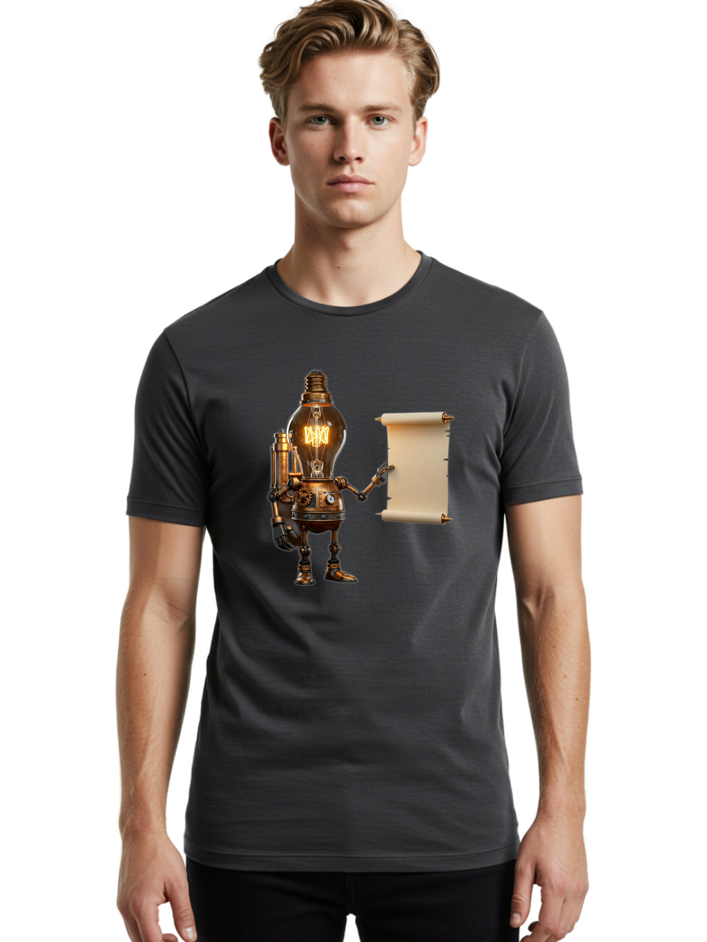 Light-Bulb-Robot Men'S Graphic Tee, 100% Cotton, Comfortable Casual Summer Wear, Machine Washable, Vintage Camera, Old Camera, Antique Camera, Black Camera, Classic Photography, Photography Equipment, Nostalgic Device, Film Camera, Camera Art Bam766
