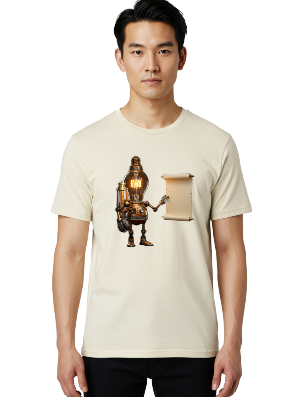 Light-Bulb-Robot Men'S Graphic Tee, 100% Cotton, Comfortable Casual Summer Wear, Machine Washable, Vintage Camera, Old Camera, Antique Camera, Black Camera, Classic Photography, Photography Equipment, Nostalgic Device, Film Camera, Camera Art Bam766