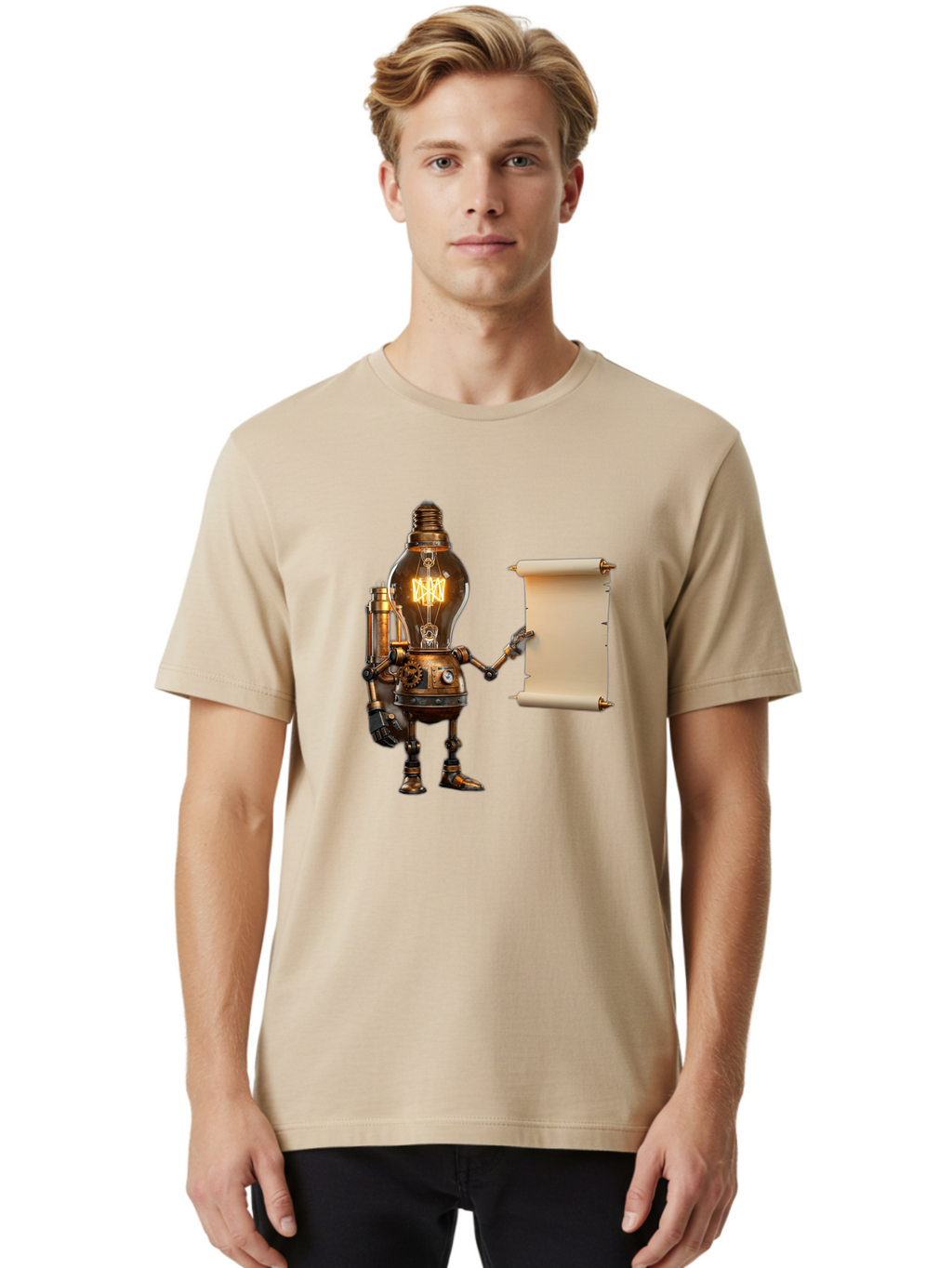 Light-Bulb-Robot Men'S Graphic Tee, 100% Cotton, Comfortable Casual Summer Wear, Machine Washable, Vintage Camera, Old Camera, Antique Camera, Black Camera, Classic Photography, Photography Equipment, Nostalgic Device, Film Camera, Camera Art Bam766