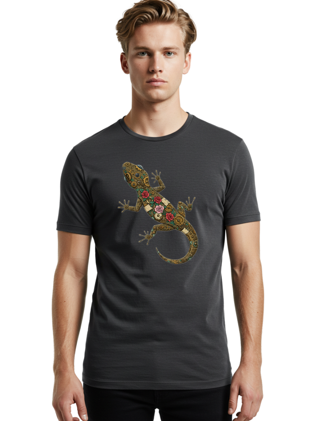 Lizard-With-Roses Men'S Graphic Tee, 100% Cotton, Comfortable Casual Summer Wear, Machine Washable, Vintage Camera, Old Camera, Antique Camera, Black Camera, Classic Photography, Photography Equipment, Nostalgic Device, Film Camera, Camera Art Bam794