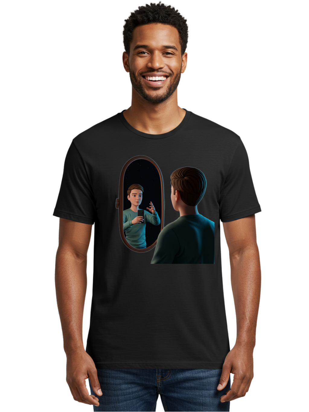 Man-Looking-Into-Mirror Men'S Graphic Tee, 100% Cotton, Comfortable Casual Summer Wear, Machine Washable, Vintage Camera, Old Camera, Antique Camera, Black Camera, Classic Photography, Photography Equipment, Nostalgic Device, Film Camera, Bam828