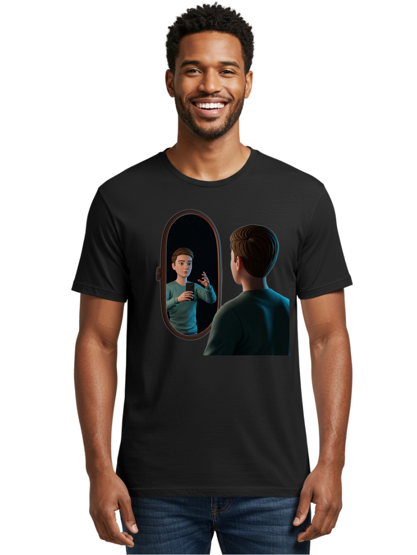Man-Looking-Into-Mirror Men'S Graphic Tee, 100% Cotton, Comfortable Casual Summer Wear, Machine Washable, Vintage Camera, Old Camera, Antique Camera, Black Camera, Classic Photography, Photography Equipment, Nostalgic Device, Film Camera, Bam828