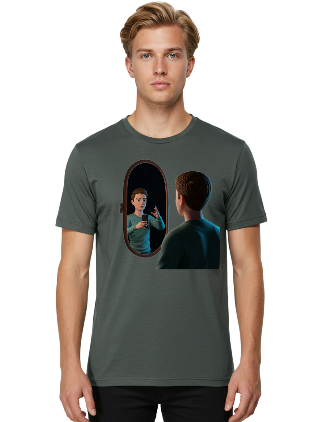 Man-Looking-Into-Mirror Men'S Graphic Tee, 100% Cotton, Comfortable Casual Summer Wear, Machine Washable, Vintage Camera, Old Camera, Antique Camera, Black Camera, Classic Photography, Photography Equipment, Nostalgic Device, Film Camera, Bam828
