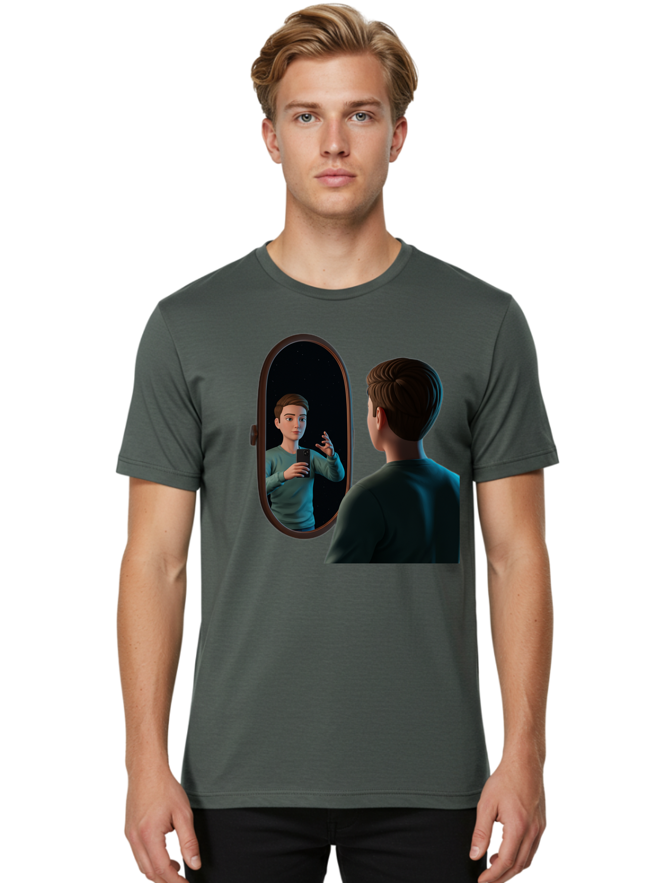 Man-Looking-Into-Mirror Men'S Graphic Tee, 100% Cotton, Comfortable Casual Summer Wear, Machine Washable, Vintage Camera, Old Camera, Antique Camera, Black Camera, Classic Photography, Photography Equipment, Nostalgic Device, Film Camera, Bam828