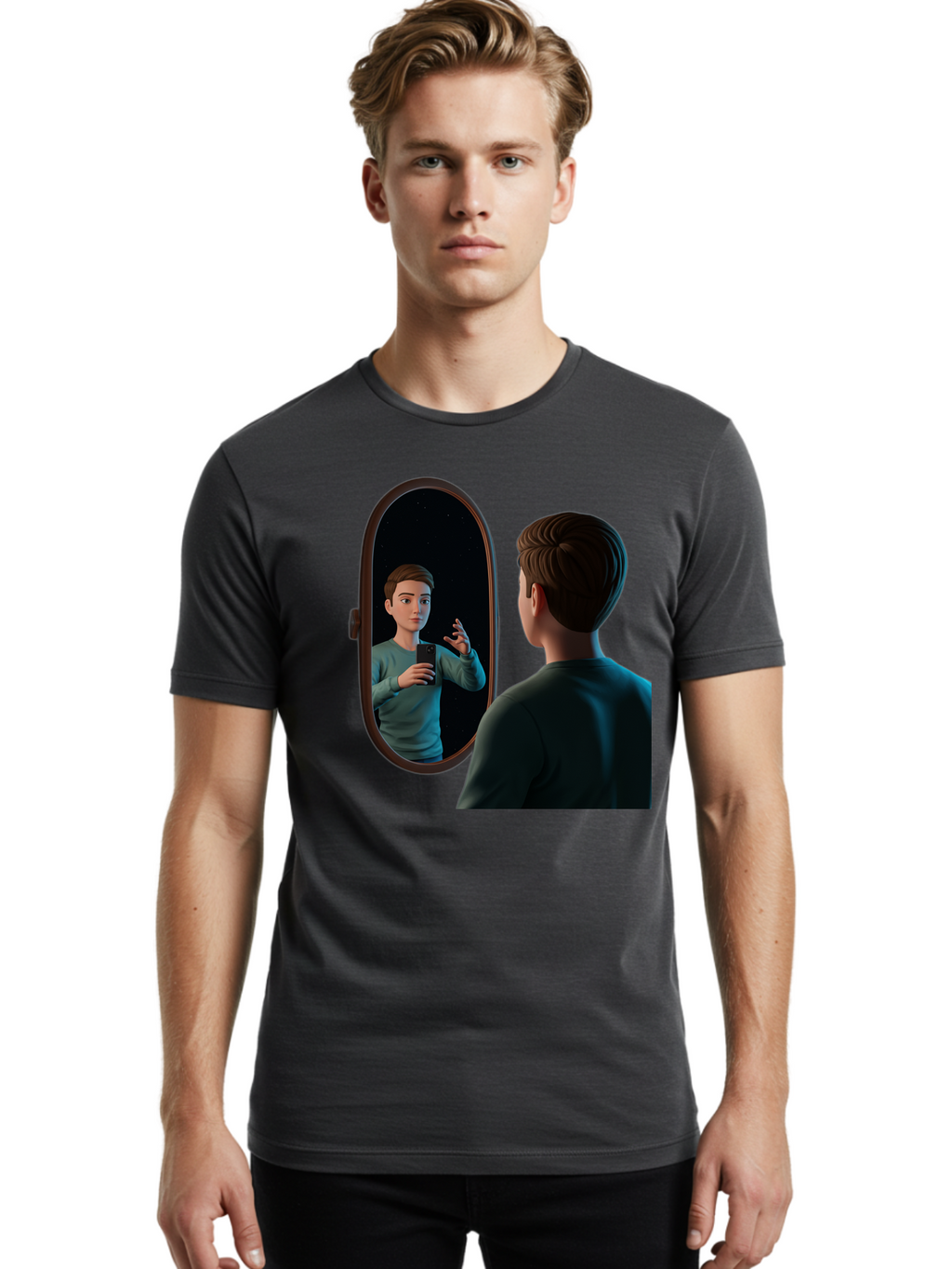 Man-Looking-Into-Mirror Men'S Graphic Tee, 100% Cotton, Comfortable Casual Summer Wear, Machine Washable, Vintage Camera, Old Camera, Antique Camera, Black Camera, Classic Photography, Photography Equipment, Nostalgic Device, Film Camera, Bam828
