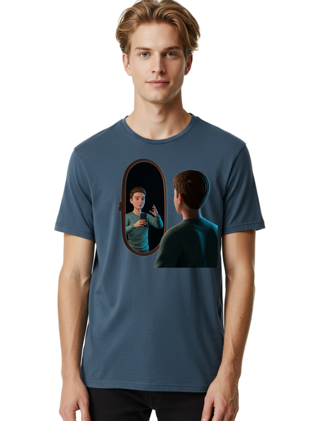 Man-Looking-Into-Mirror Men'S Graphic Tee, 100% Cotton, Comfortable Casual Summer Wear, Machine Washable, Vintage Camera, Old Camera, Antique Camera, Black Camera, Classic Photography, Photography Equipment, Nostalgic Device, Film Camera, Bam828