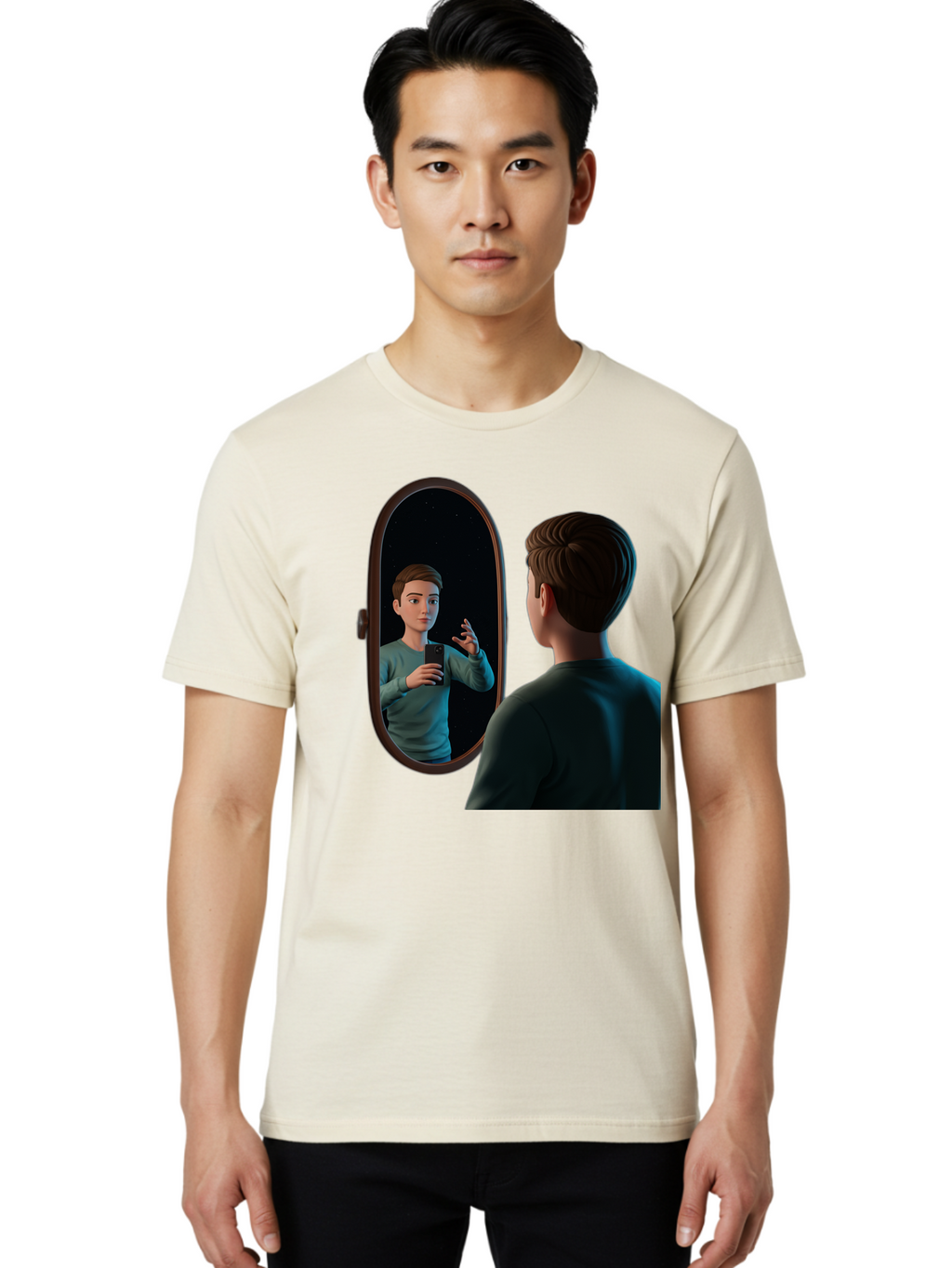 Man-Looking-Into-Mirror Men'S Graphic Tee, 100% Cotton, Comfortable Casual Summer Wear, Machine Washable, Vintage Camera, Old Camera, Antique Camera, Black Camera, Classic Photography, Photography Equipment, Nostalgic Device, Film Camera, Bam828