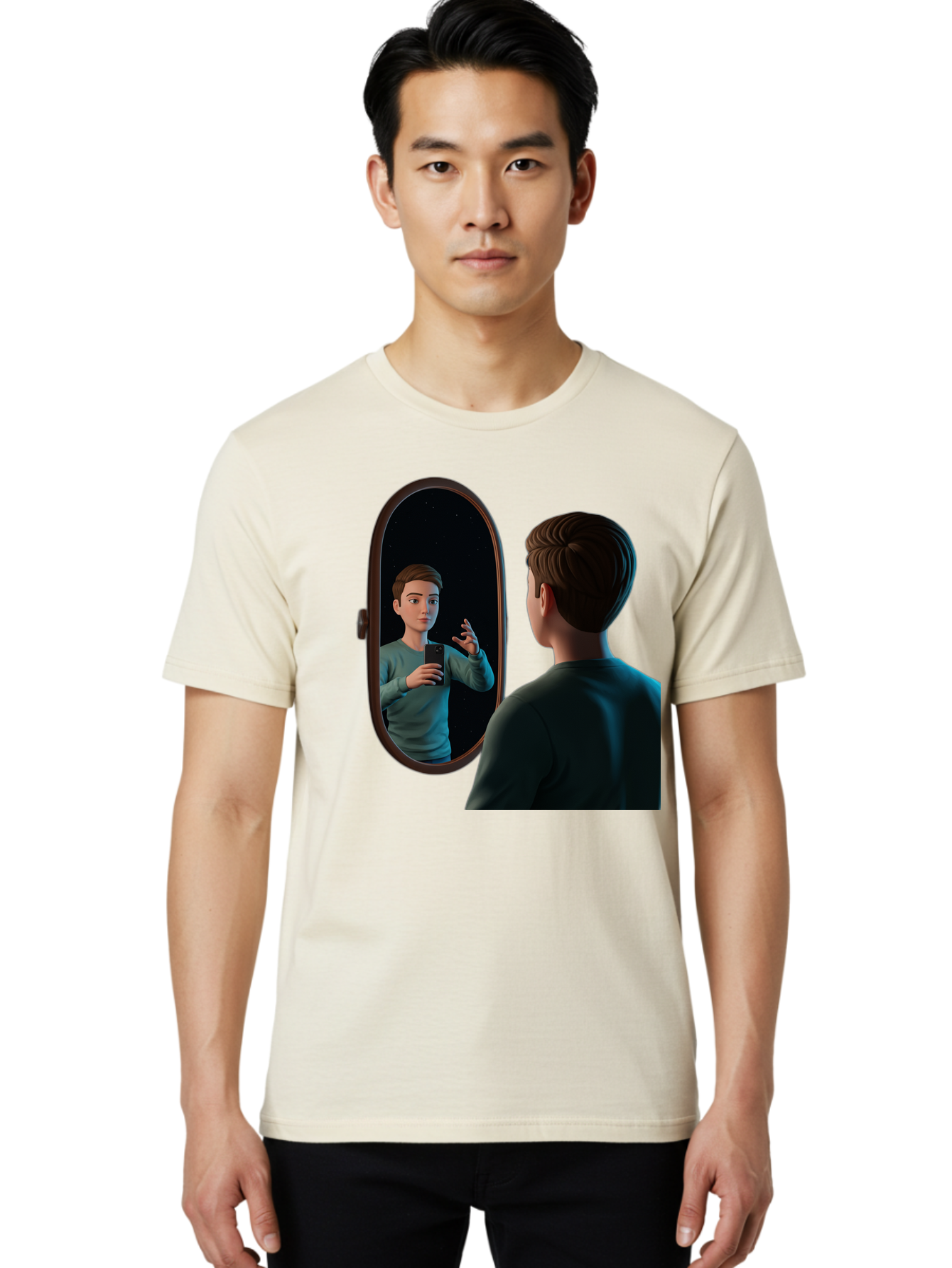 Man-Looking-Into-Mirror Men'S Graphic Tee, 100% Cotton, Comfortable Casual Summer Wear, Machine Washable, Vintage Camera, Old Camera, Antique Camera, Black Camera, Classic Photography, Photography Equipment, Nostalgic Device, Film Camera, Bam828