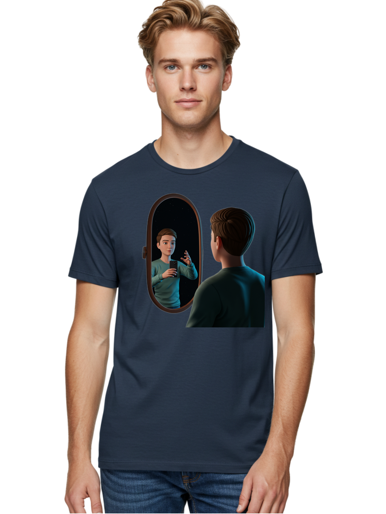 Man-Looking-Into-Mirror Men'S Graphic Tee, 100% Cotton, Comfortable Casual Summer Wear, Machine Washable, Vintage Camera, Old Camera, Antique Camera, Black Camera, Classic Photography, Photography Equipment, Nostalgic Device, Film Camera, Bam828
