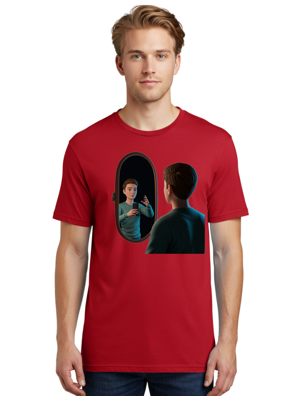 Man-Looking-Into-Mirror Men'S Graphic Tee, 100% Cotton, Comfortable Casual Summer Wear, Machine Washable, Vintage Camera, Old Camera, Antique Camera, Black Camera, Classic Photography, Photography Equipment, Nostalgic Device, Film Camera, Bam828