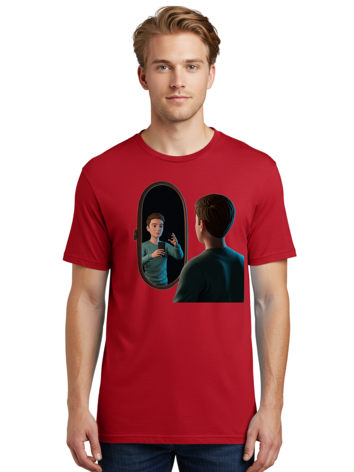 Man-Looking-Into-Mirror Men'S Graphic Tee, 100% Cotton, Comfortable Casual Summer Wear, Machine Washable, Vintage Camera, Old Camera, Antique Camera, Black Camera, Classic Photography, Photography Equipment, Nostalgic Device, Film Camera, Bam828