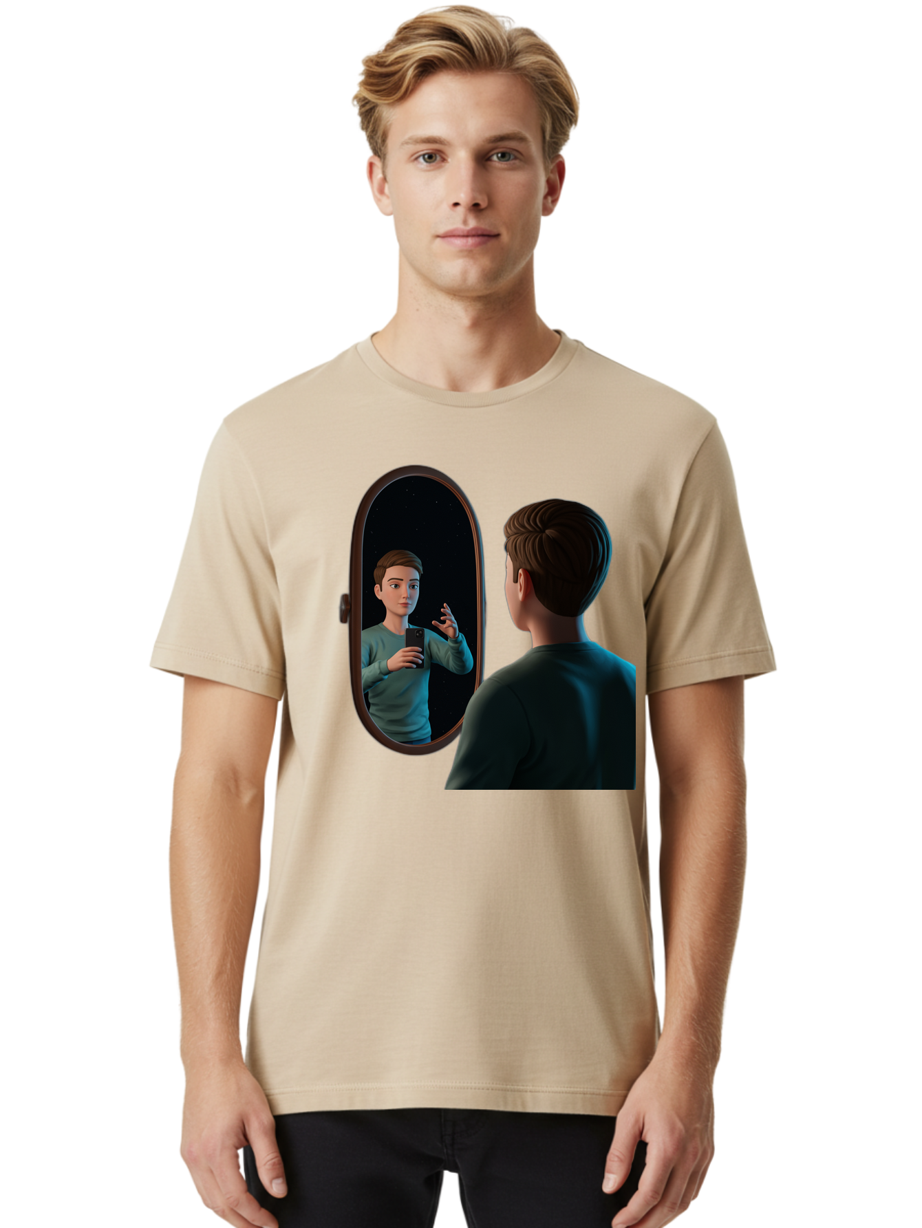 Man-Looking-Into-Mirror Men'S Graphic Tee, 100% Cotton, Comfortable Casual Summer Wear, Machine Washable, Vintage Camera, Old Camera, Antique Camera, Black Camera, Classic Photography, Photography Equipment, Nostalgic Device, Film Camera, Bam828