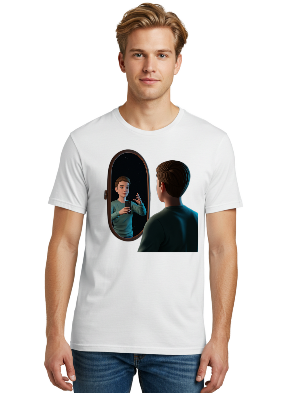 Man-Looking-Into-Mirror Men'S Graphic Tee, 100% Cotton, Comfortable Casual Summer Wear, Machine Washable, Vintage Camera, Old Camera, Antique Camera, Black Camera, Classic Photography, Photography Equipment, Nostalgic Device, Film Camera, Bam828