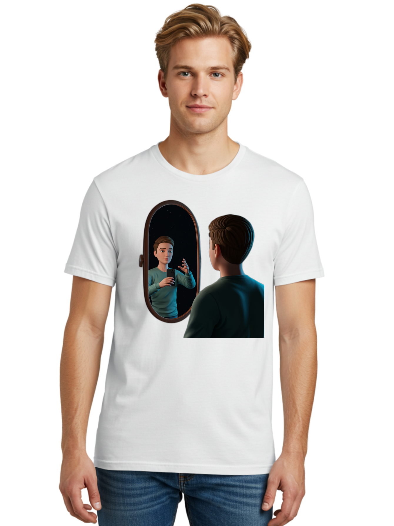 Man-Looking-Into-Mirror Men'S Graphic Tee, 100% Cotton, Comfortable Casual Summer Wear, Machine Washable, Vintage Camera, Old Camera, Antique Camera, Black Camera, Classic Photography, Photography Equipment, Nostalgic Device, Film Camera, Bam828