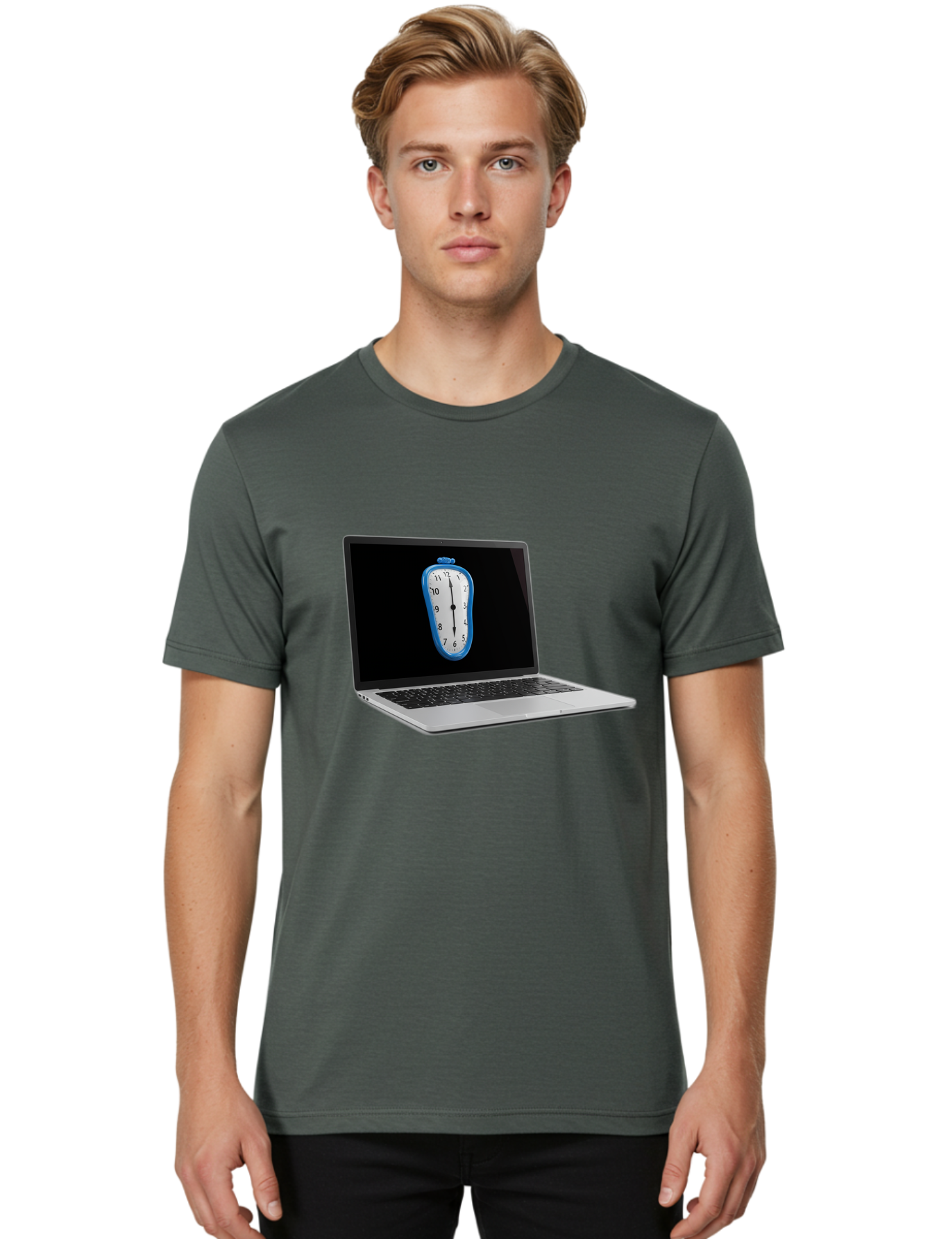 Melting-Clock-Laptop Men'S Graphic Tee, 100% Cotton, Comfortable Casual Summer Wear, Machine Washable, Vintage Camera, Old Camera, Antique Camera, Black Camera, Classic Photography, Photography Equipment, Nostalgic Device, Film Camera, Bam862