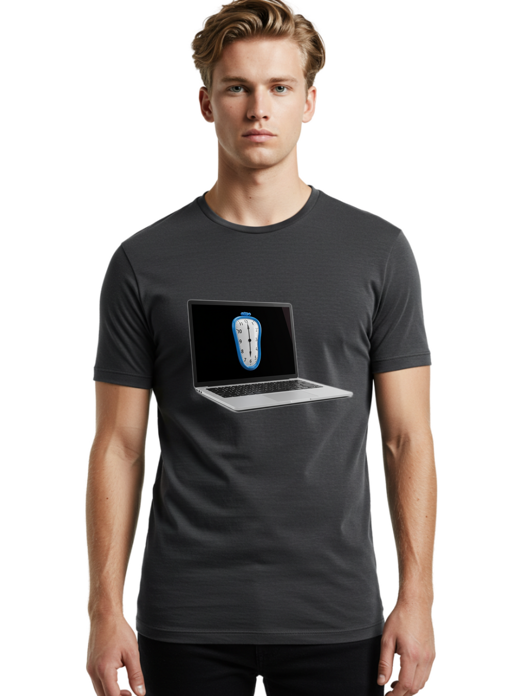 Melting-Clock-Laptop Men'S Graphic Tee, 100% Cotton, Comfortable Casual Summer Wear, Machine Washable, Vintage Camera, Old Camera, Antique Camera, Black Camera, Classic Photography, Photography Equipment, Nostalgic Device, Film Camera, Bam862