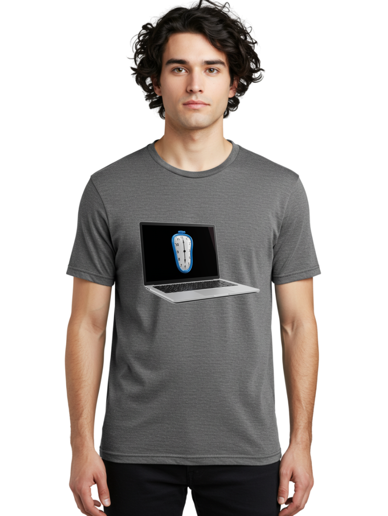 Melting-Clock-Laptop Men'S Graphic Tee, 100% Cotton, Comfortable Casual Summer Wear, Machine Washable, Vintage Camera, Old Camera, Antique Camera, Black Camera, Classic Photography, Photography Equipment, Nostalgic Device, Film Camera, Bam862