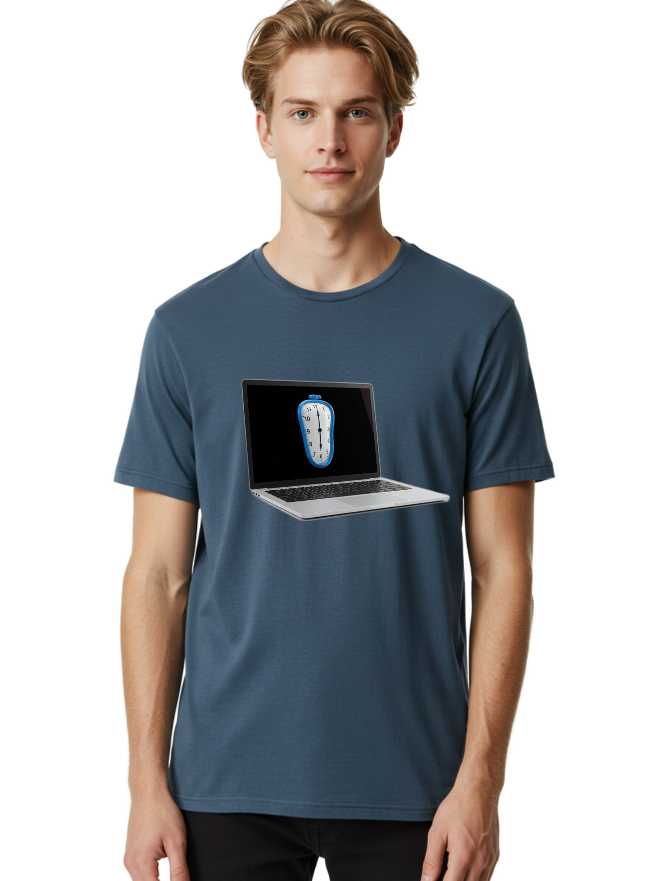 Melting-Clock-Laptop Men'S Graphic Tee, 100% Cotton, Comfortable Casual Summer Wear, Machine Washable, Vintage Camera, Old Camera, Antique Camera, Black Camera, Classic Photography, Photography Equipment, Nostalgic Device, Film Camera, Bam862