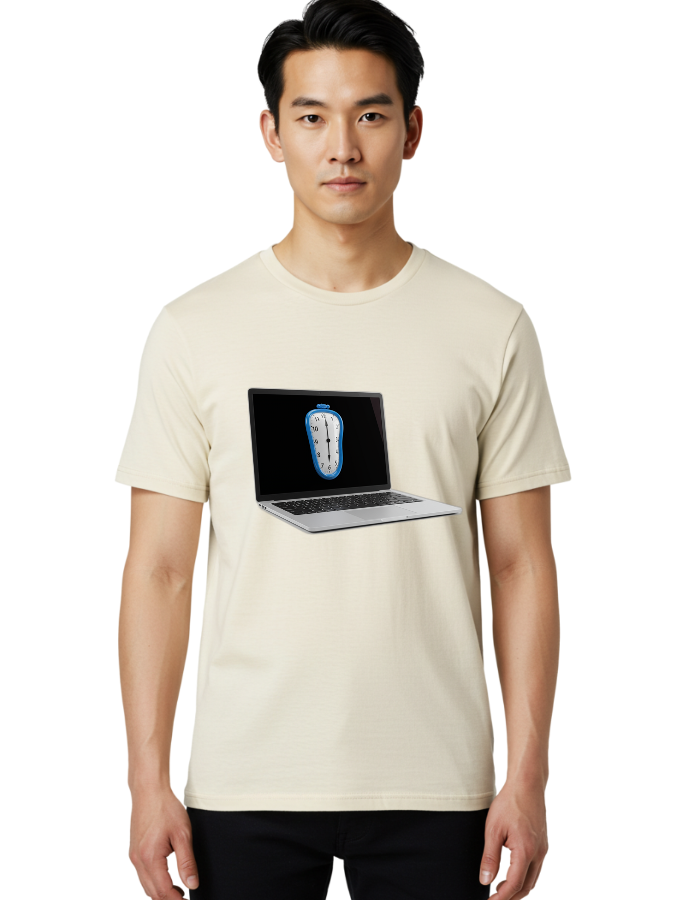Melting-Clock-Laptop Men'S Graphic Tee, 100% Cotton, Comfortable Casual Summer Wear, Machine Washable, Vintage Camera, Old Camera, Antique Camera, Black Camera, Classic Photography, Photography Equipment, Nostalgic Device, Film Camera, Bam862
