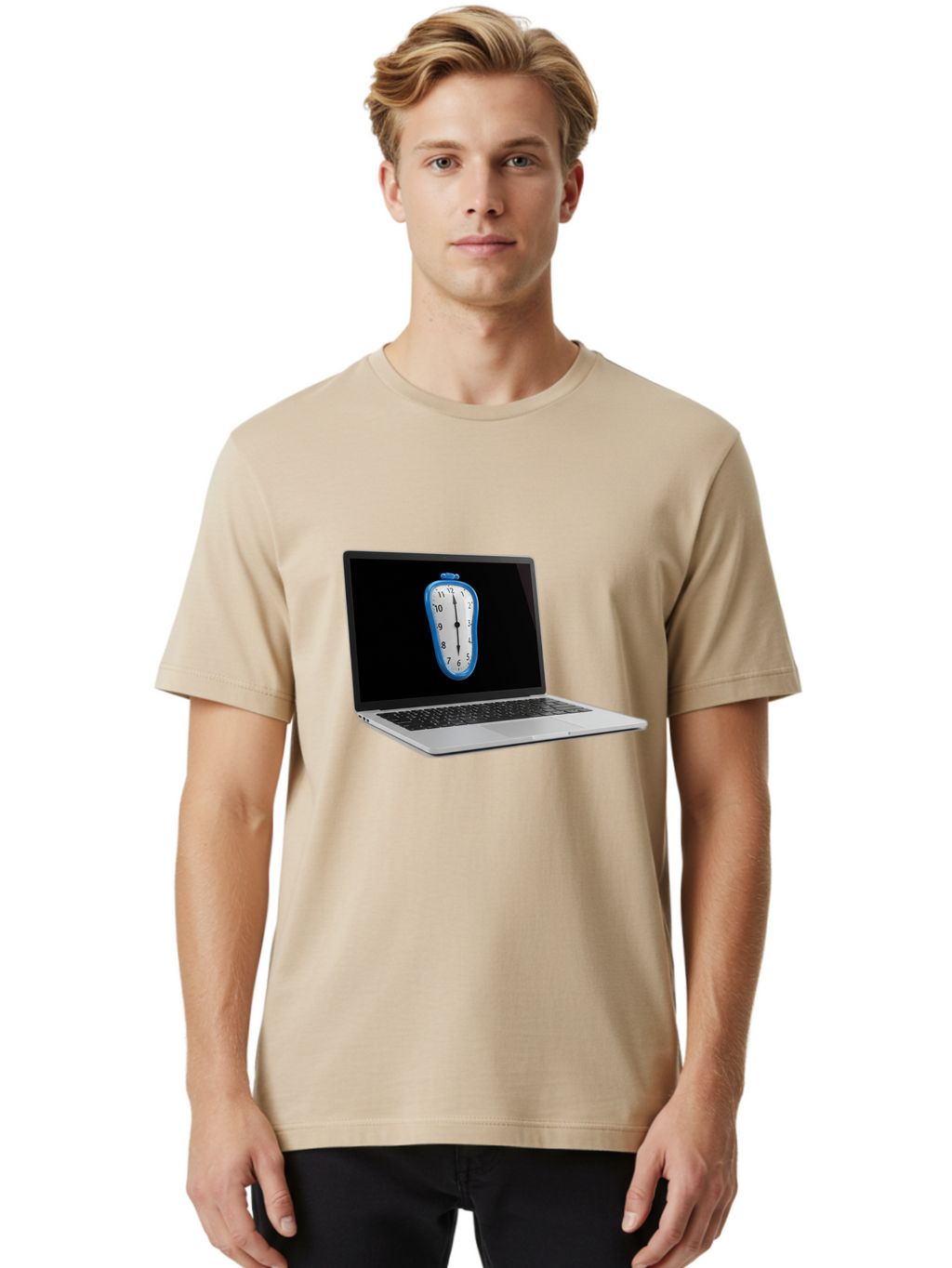 Melting-Clock-Laptop Men'S Graphic Tee, 100% Cotton, Comfortable Casual Summer Wear, Machine Washable, Vintage Camera, Old Camera, Antique Camera, Black Camera, Classic Photography, Photography Equipment, Nostalgic Device, Film Camera, Bam862