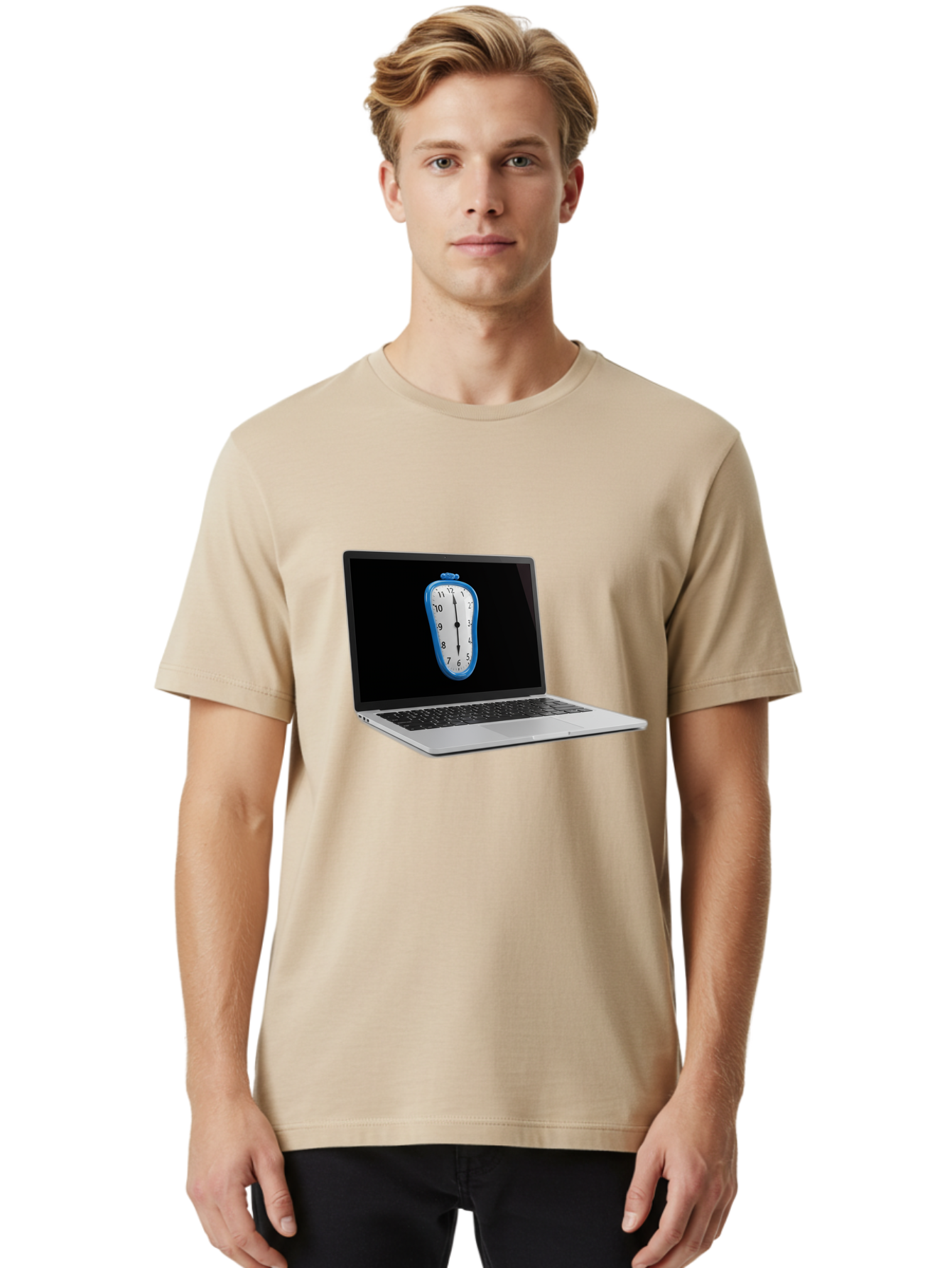 Melting-Clock-Laptop Men'S Graphic Tee, 100% Cotton, Comfortable Casual Summer Wear, Machine Washable, Vintage Camera, Old Camera, Antique Camera, Black Camera, Classic Photography, Photography Equipment, Nostalgic Device, Film Camera, Bam862