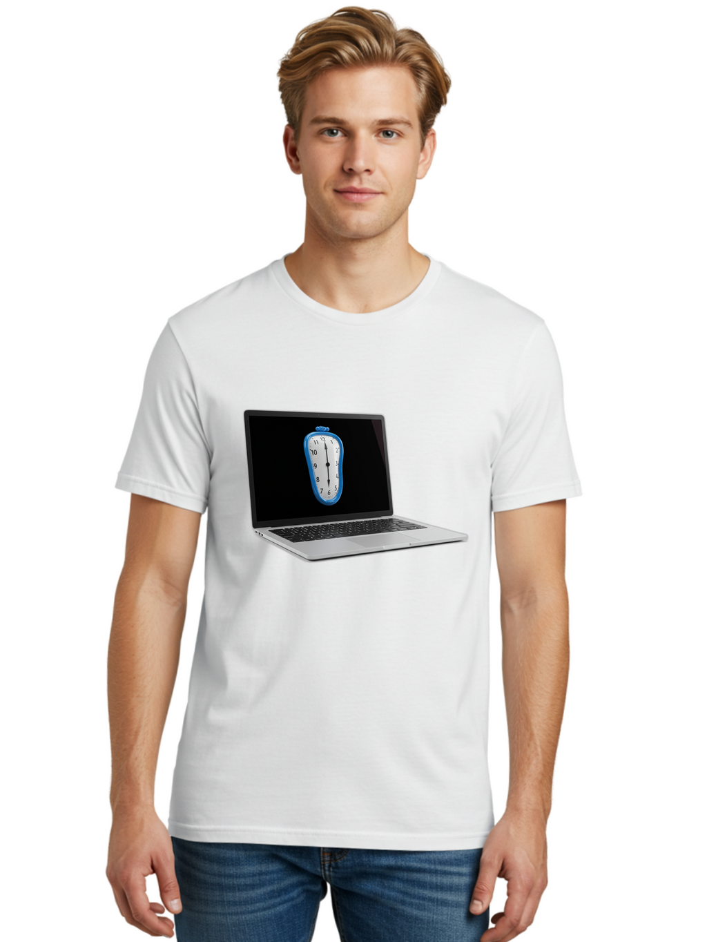 Melting-Clock-Laptop Men'S Graphic Tee, 100% Cotton, Comfortable Casual Summer Wear, Machine Washable, Vintage Camera, Old Camera, Antique Camera, Black Camera, Classic Photography, Photography Equipment, Nostalgic Device, Film Camera, Bam862