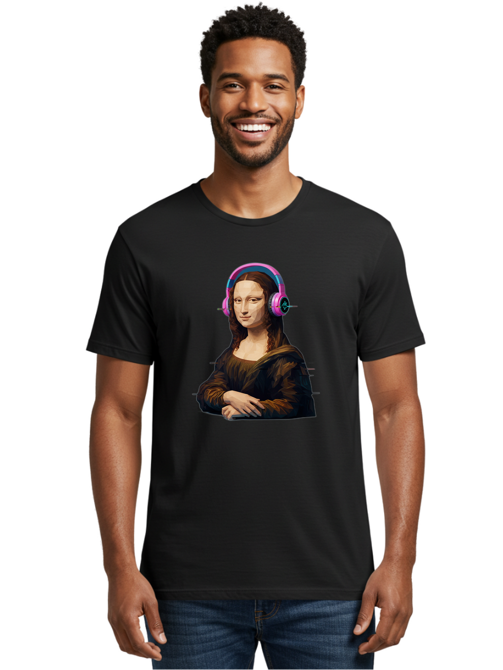 Mona-Lisa-Headphones-1 Men'S Graphic Tee, 100% Cotton, Comfortable Casual Summer Wear, Machine Washable, Vintage Camera, Old Camera, Antique Camera, Black Camera, Classic Photography, Photography Equipment, Nostalgic Device, Film Camera, Bam901