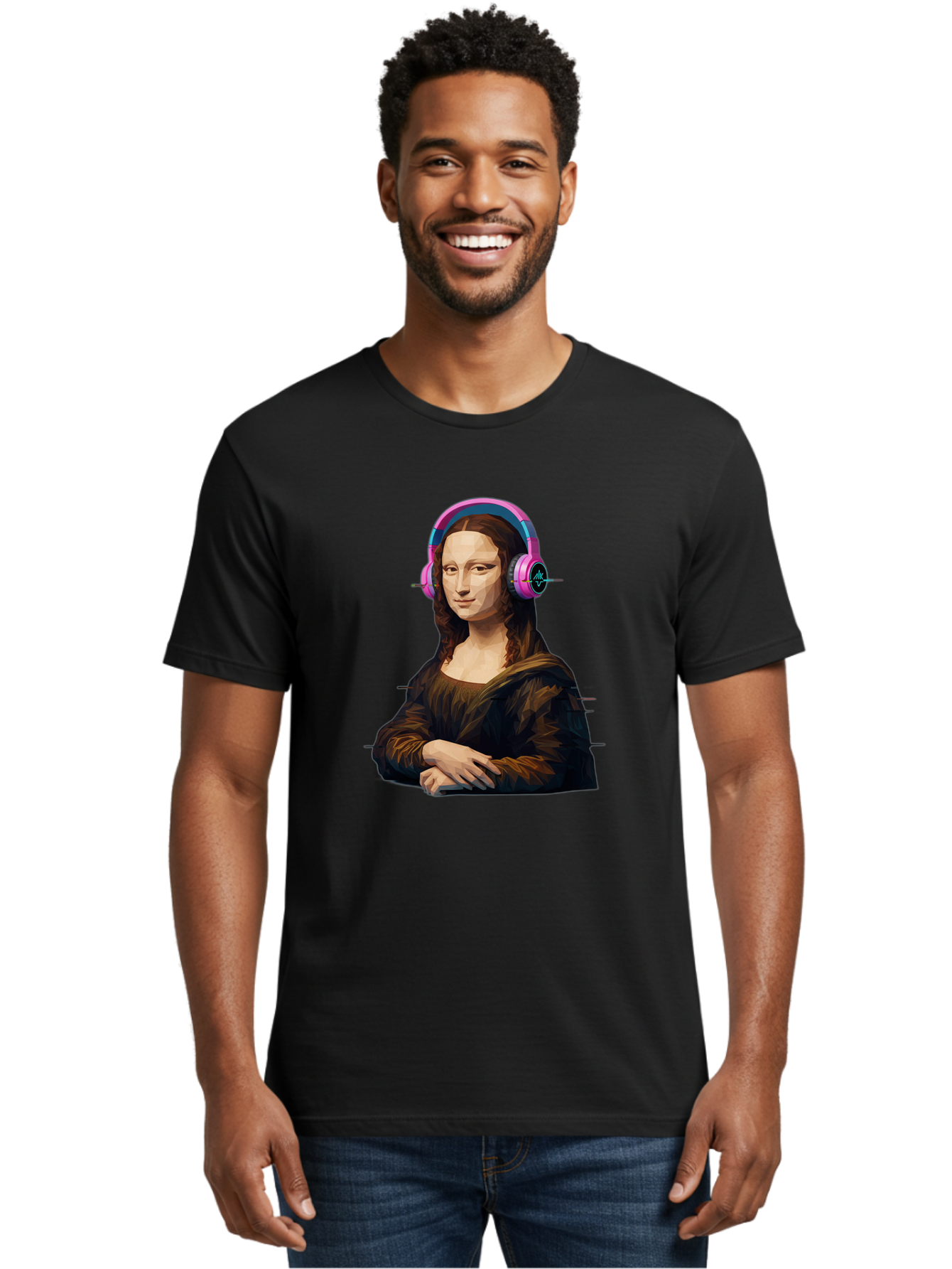 Mona-Lisa-Headphones-1 Men'S Graphic Tee, 100% Cotton, Comfortable Casual Summer Wear, Machine Washable, Vintage Camera, Old Camera, Antique Camera, Black Camera, Classic Photography, Photography Equipment, Nostalgic Device, Film Camera, Bam901
