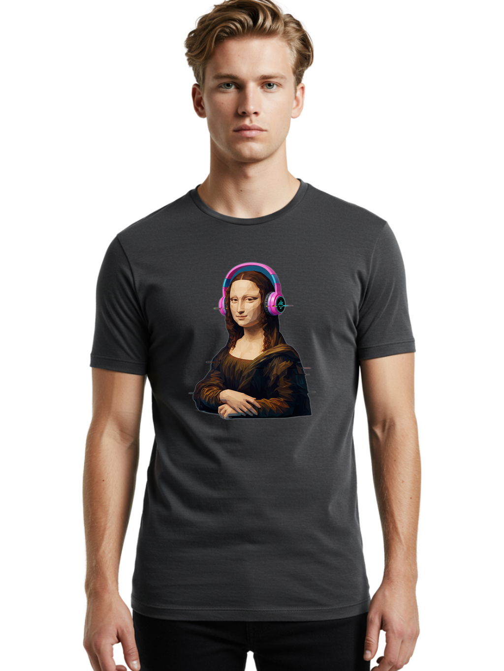 Mona-Lisa-Headphones-1 Men'S Graphic Tee, 100% Cotton, Comfortable Casual Summer Wear, Machine Washable, Vintage Camera, Old Camera, Antique Camera, Black Camera, Classic Photography, Photography Equipment, Nostalgic Device, Film Camera, Bam901
