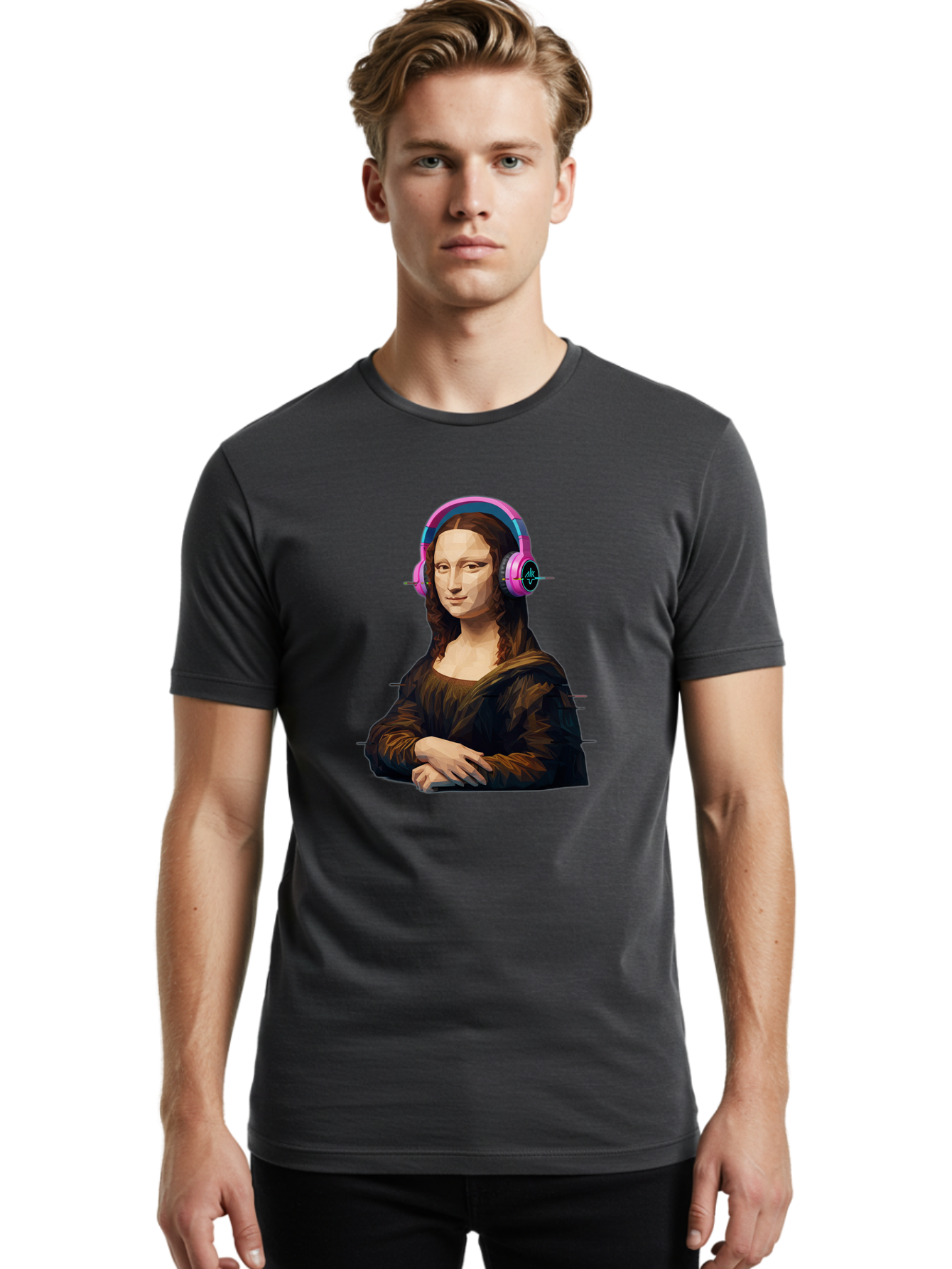 Mona-Lisa-Headphones-1 Men'S Graphic Tee, 100% Cotton, Comfortable Casual Summer Wear, Machine Washable, Vintage Camera, Old Camera, Antique Camera, Black Camera, Classic Photography, Photography Equipment, Nostalgic Device, Film Camera, Bam901