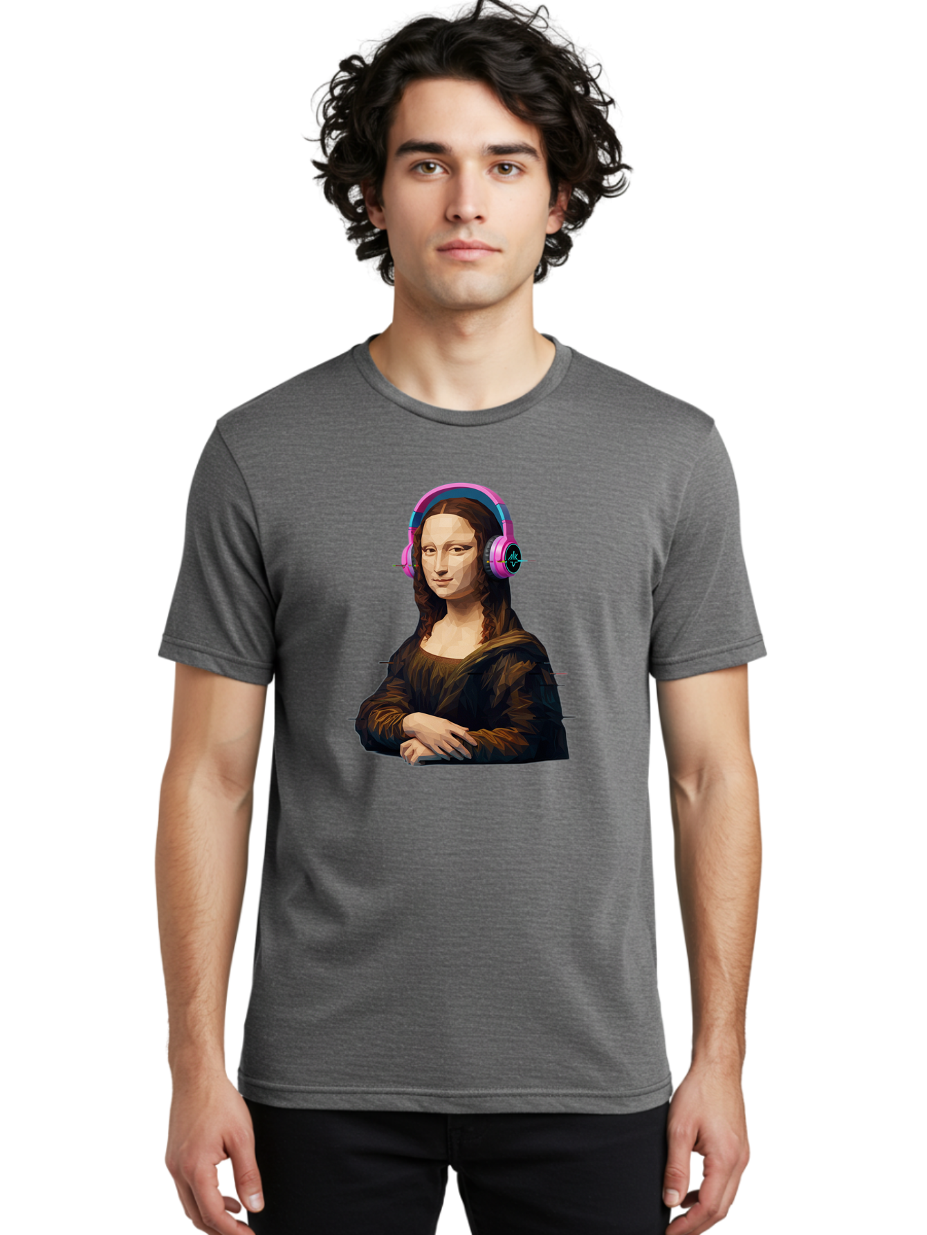 Mona-Lisa-Headphones-1 Men'S Graphic Tee, 100% Cotton, Comfortable Casual Summer Wear, Machine Washable, Vintage Camera, Old Camera, Antique Camera, Black Camera, Classic Photography, Photography Equipment, Nostalgic Device, Film Camera, Bam901