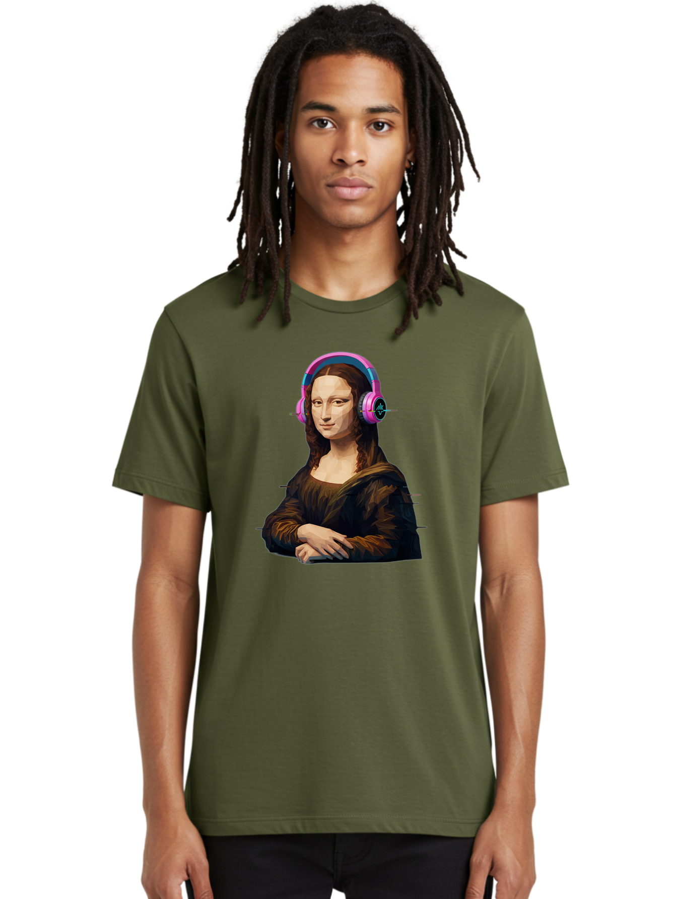 Mona-Lisa-Headphones-1 Men'S Graphic Tee, 100% Cotton, Comfortable Casual Summer Wear, Machine Washable, Vintage Camera, Old Camera, Antique Camera, Black Camera, Classic Photography, Photography Equipment, Nostalgic Device, Film Camera, Bam901