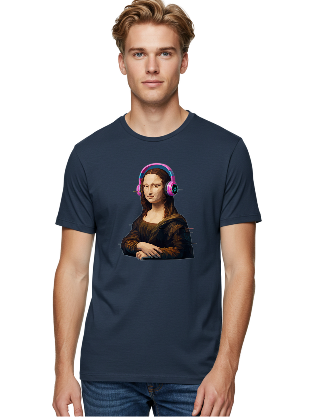 Mona-Lisa-Headphones-1 Men'S Graphic Tee, 100% Cotton, Comfortable Casual Summer Wear, Machine Washable, Vintage Camera, Old Camera, Antique Camera, Black Camera, Classic Photography, Photography Equipment, Nostalgic Device, Film Camera, Bam901