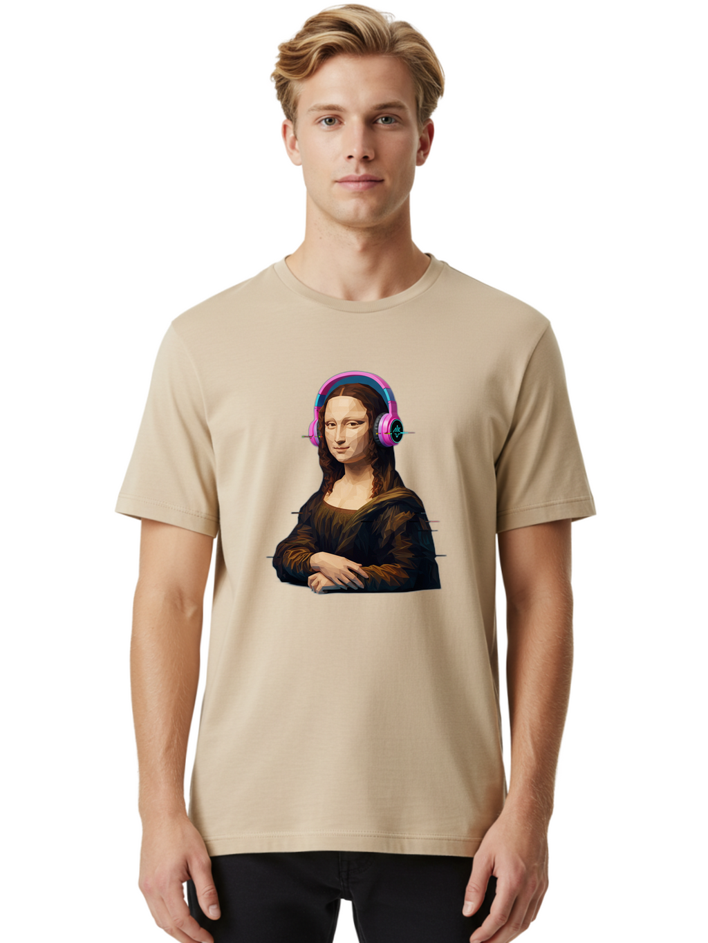Mona-Lisa-Headphones-1 Men'S Graphic Tee, 100% Cotton, Comfortable Casual Summer Wear, Machine Washable, Vintage Camera, Old Camera, Antique Camera, Black Camera, Classic Photography, Photography Equipment, Nostalgic Device, Film Camera, Bam901
