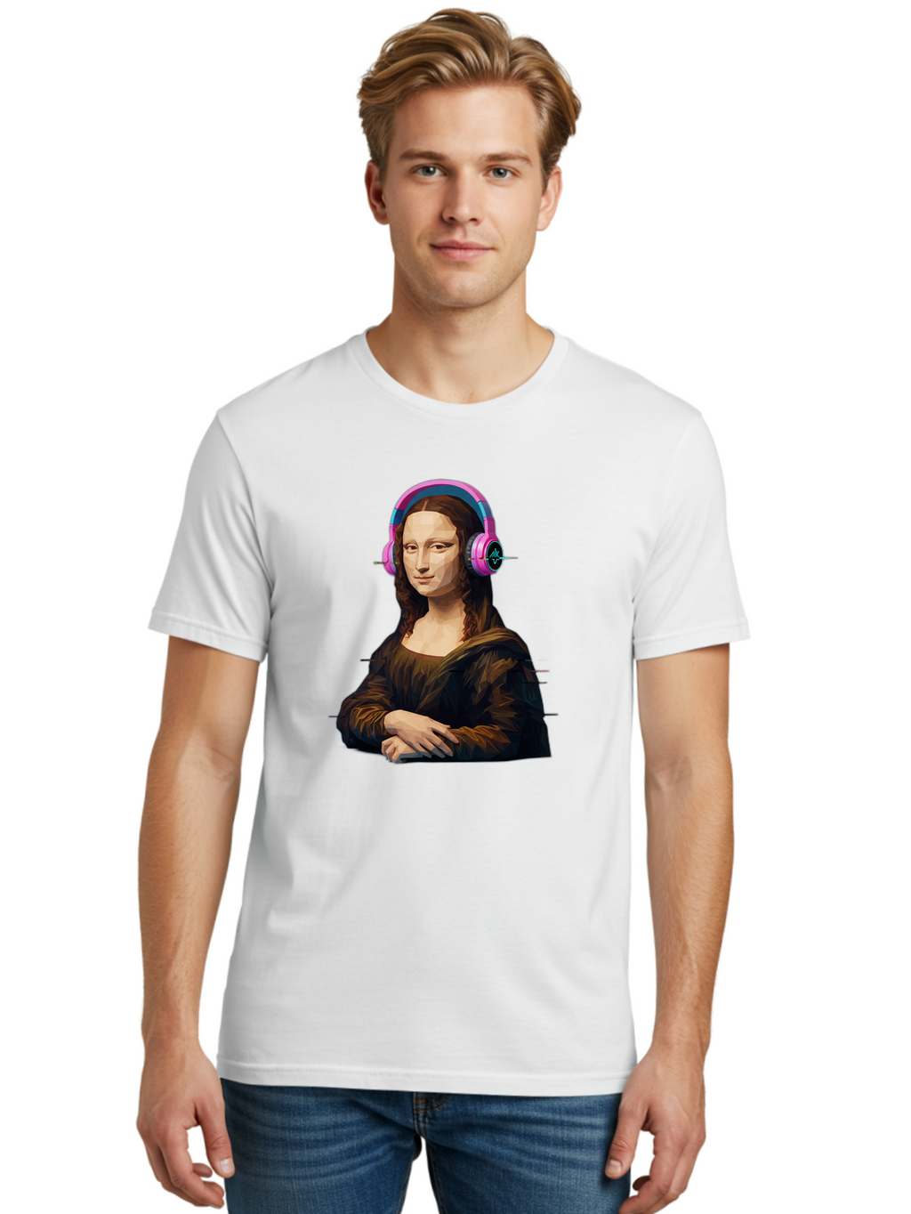Mona-Lisa-Headphones-1 Men'S Graphic Tee, 100% Cotton, Comfortable Casual Summer Wear, Machine Washable, Vintage Camera, Old Camera, Antique Camera, Black Camera, Classic Photography, Photography Equipment, Nostalgic Device, Film Camera, Bam901