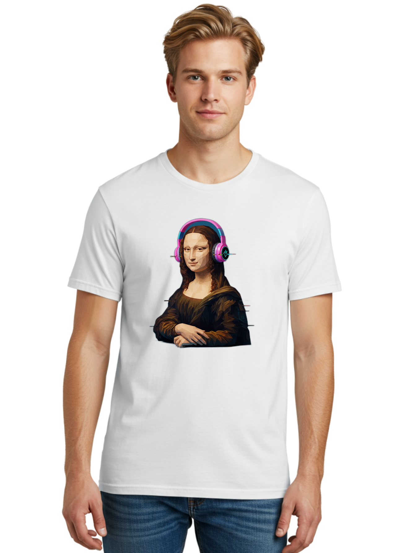 Mona-Lisa-Headphones-1 Men'S Graphic Tee, 100% Cotton, Comfortable Casual Summer Wear, Machine Washable, Vintage Camera, Old Camera, Antique Camera, Black Camera, Classic Photography, Photography Equipment, Nostalgic Device, Film Camera, Bam901