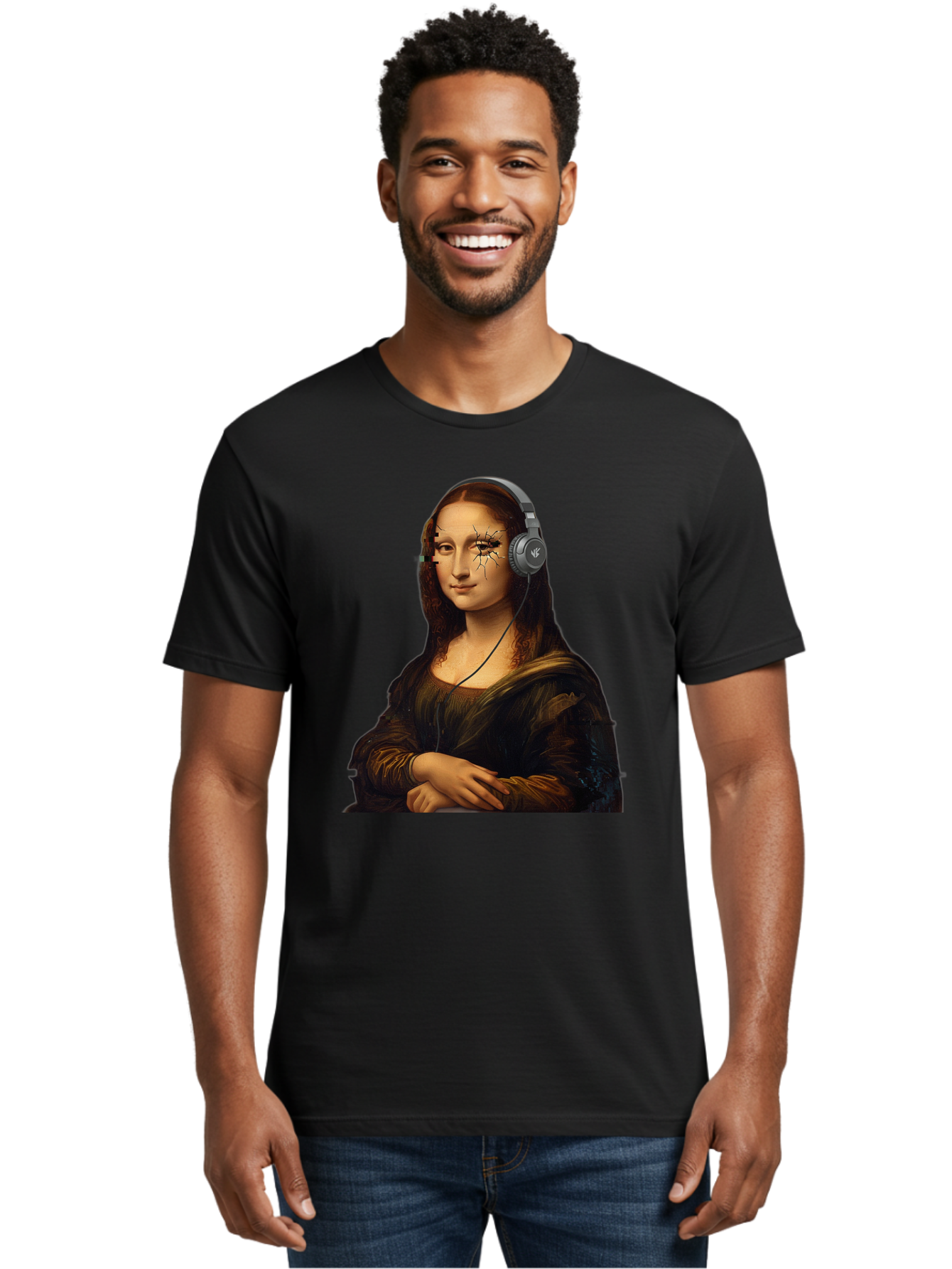 Mona-Lisa-Headphones-2 Men'S Graphic Tee, 100% Cotton, Comfortable Casual Summer Wear, Machine Washable, Vintage Camera, Old Camera, Antique Camera, Black Camera, Classic Photography, Photography Equipment, Nostalgic Device, Film Camera, Bam902