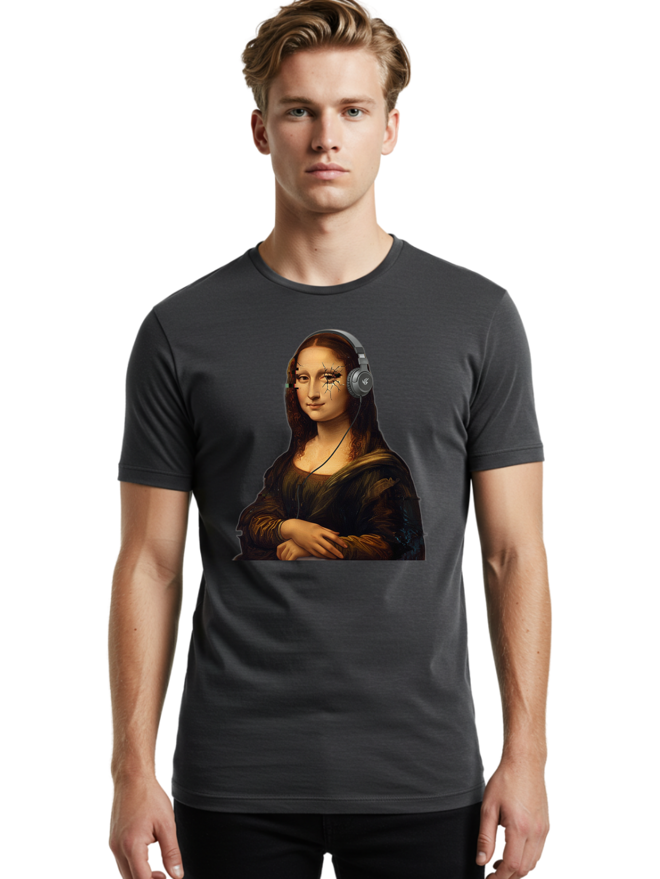 Mona-Lisa-Headphones-2 Men'S Graphic Tee, 100% Cotton, Comfortable Casual Summer Wear, Machine Washable, Vintage Camera, Old Camera, Antique Camera, Black Camera, Classic Photography, Photography Equipment, Nostalgic Device, Film Camera, Bam902
