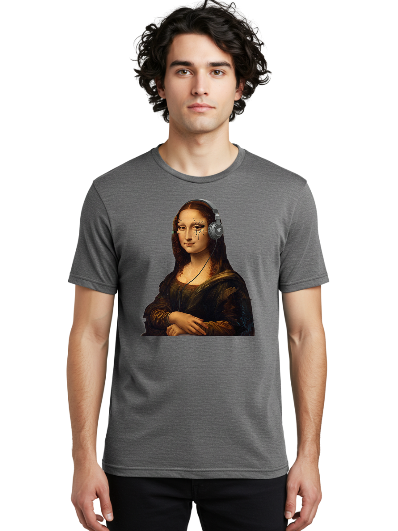 Mona-Lisa-Headphones-2 Men'S Graphic Tee, 100% Cotton, Comfortable Casual Summer Wear, Machine Washable, Vintage Camera, Old Camera, Antique Camera, Black Camera, Classic Photography, Photography Equipment, Nostalgic Device, Film Camera, Bam902