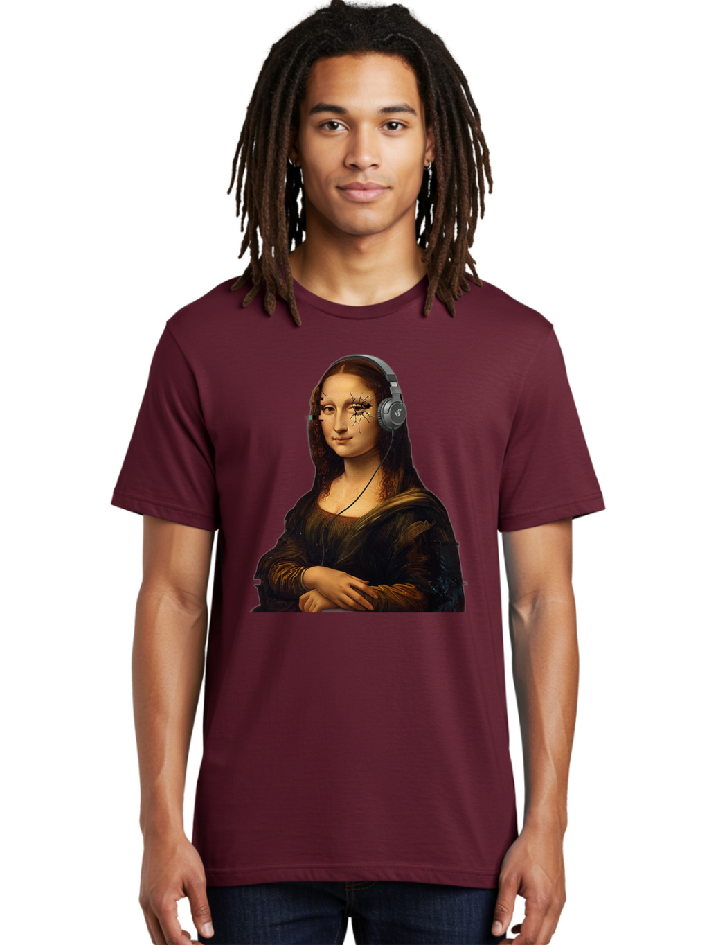 Mona-Lisa-Headphones-2 Men'S Graphic Tee, 100% Cotton, Comfortable Casual Summer Wear, Machine Washable, Vintage Camera, Old Camera, Antique Camera, Black Camera, Classic Photography, Photography Equipment, Nostalgic Device, Film Camera, Bam902