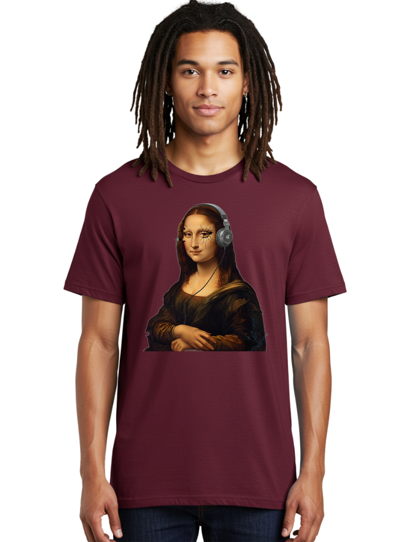 Mona-Lisa-Headphones-2 Men'S Graphic Tee, 100% Cotton, Comfortable Casual Summer Wear, Machine Washable, Vintage Camera, Old Camera, Antique Camera, Black Camera, Classic Photography, Photography Equipment, Nostalgic Device, Film Camera, Bam902