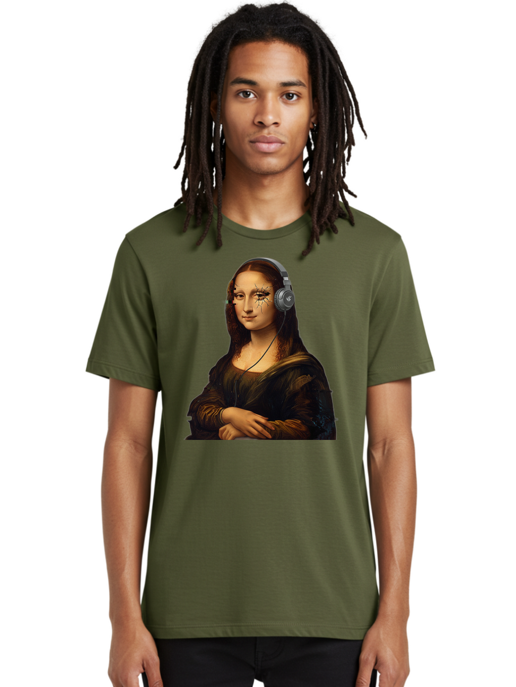 Mona-Lisa-Headphones-2 Men'S Graphic Tee, 100% Cotton, Comfortable Casual Summer Wear, Machine Washable, Vintage Camera, Old Camera, Antique Camera, Black Camera, Classic Photography, Photography Equipment, Nostalgic Device, Film Camera, Bam902