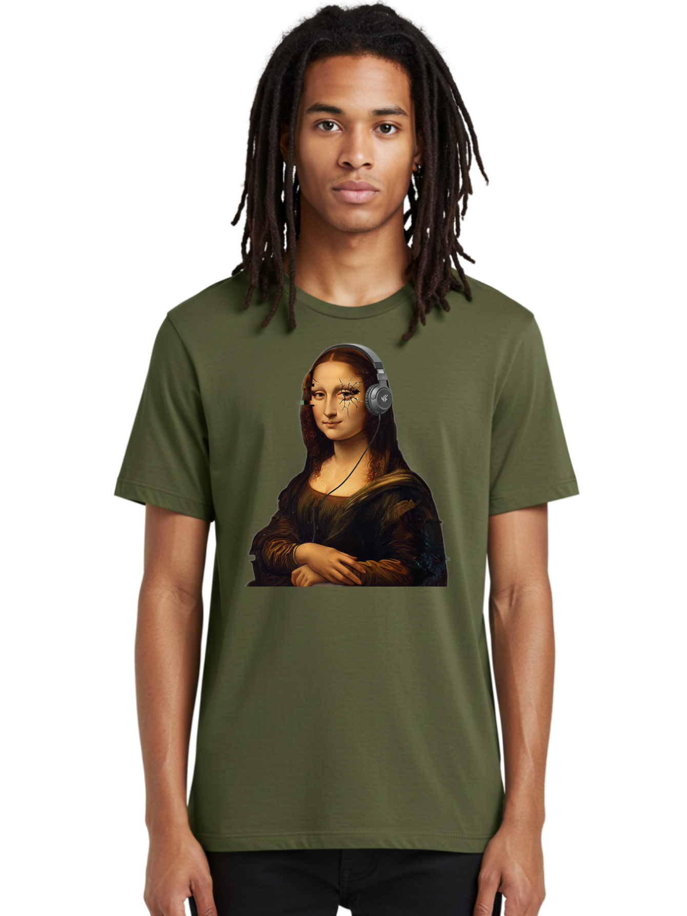 Mona-Lisa-Headphones-2 Men'S Graphic Tee, 100% Cotton, Comfortable Casual Summer Wear, Machine Washable, Vintage Camera, Old Camera, Antique Camera, Black Camera, Classic Photography, Photography Equipment, Nostalgic Device, Film Camera, Bam902
