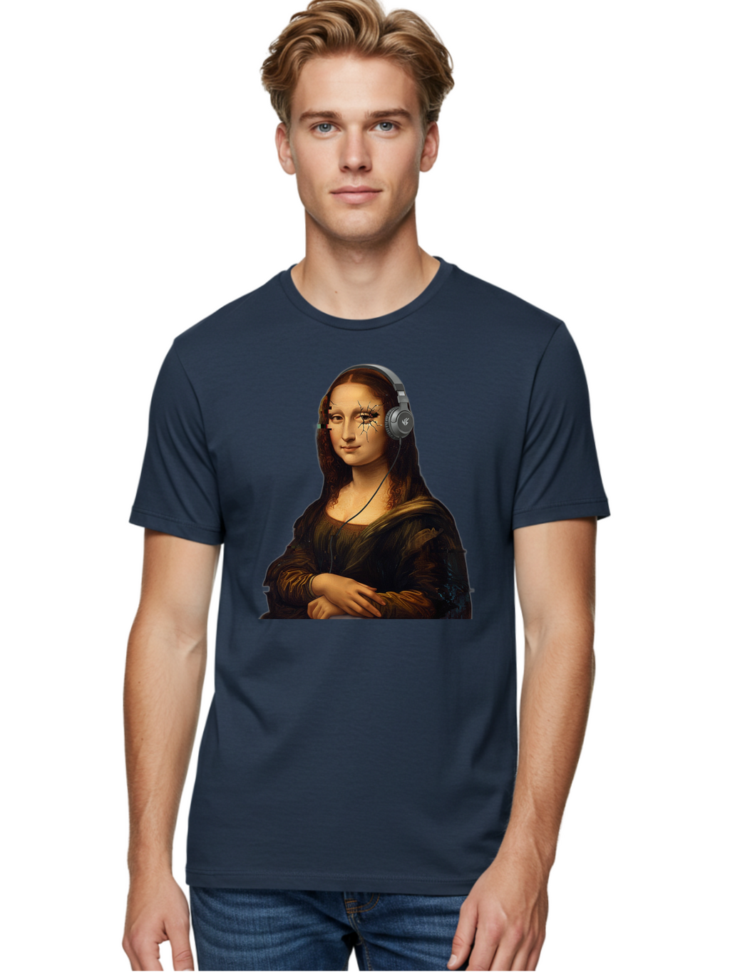 Mona-Lisa-Headphones-2 Men'S Graphic Tee, 100% Cotton, Comfortable Casual Summer Wear, Machine Washable, Vintage Camera, Old Camera, Antique Camera, Black Camera, Classic Photography, Photography Equipment, Nostalgic Device, Film Camera, Bam902
