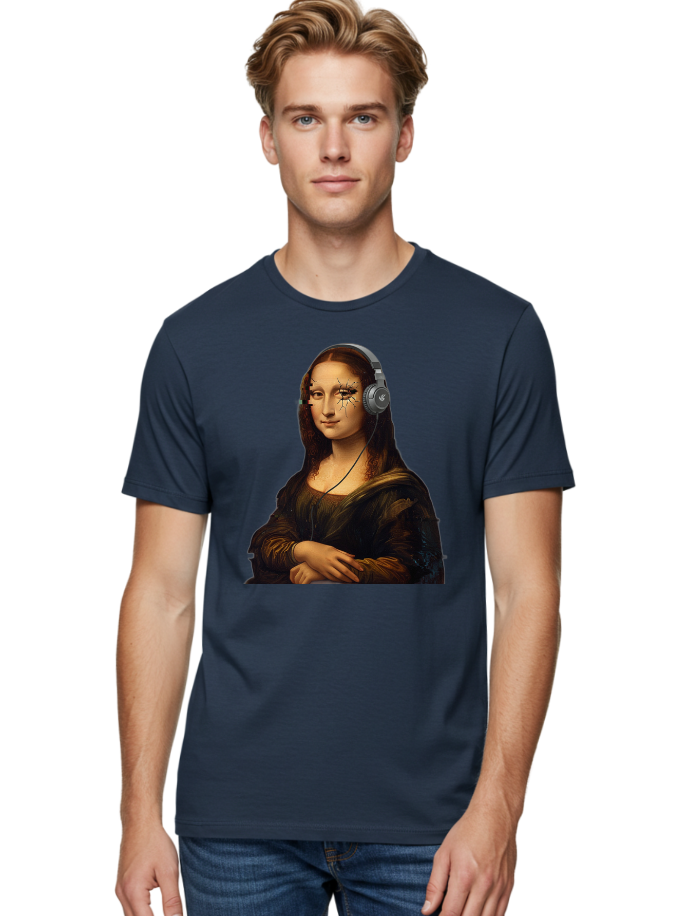 Mona-Lisa-Headphones-2 Men'S Graphic Tee, 100% Cotton, Comfortable Casual Summer Wear, Machine Washable, Vintage Camera, Old Camera, Antique Camera, Black Camera, Classic Photography, Photography Equipment, Nostalgic Device, Film Camera, Bam902