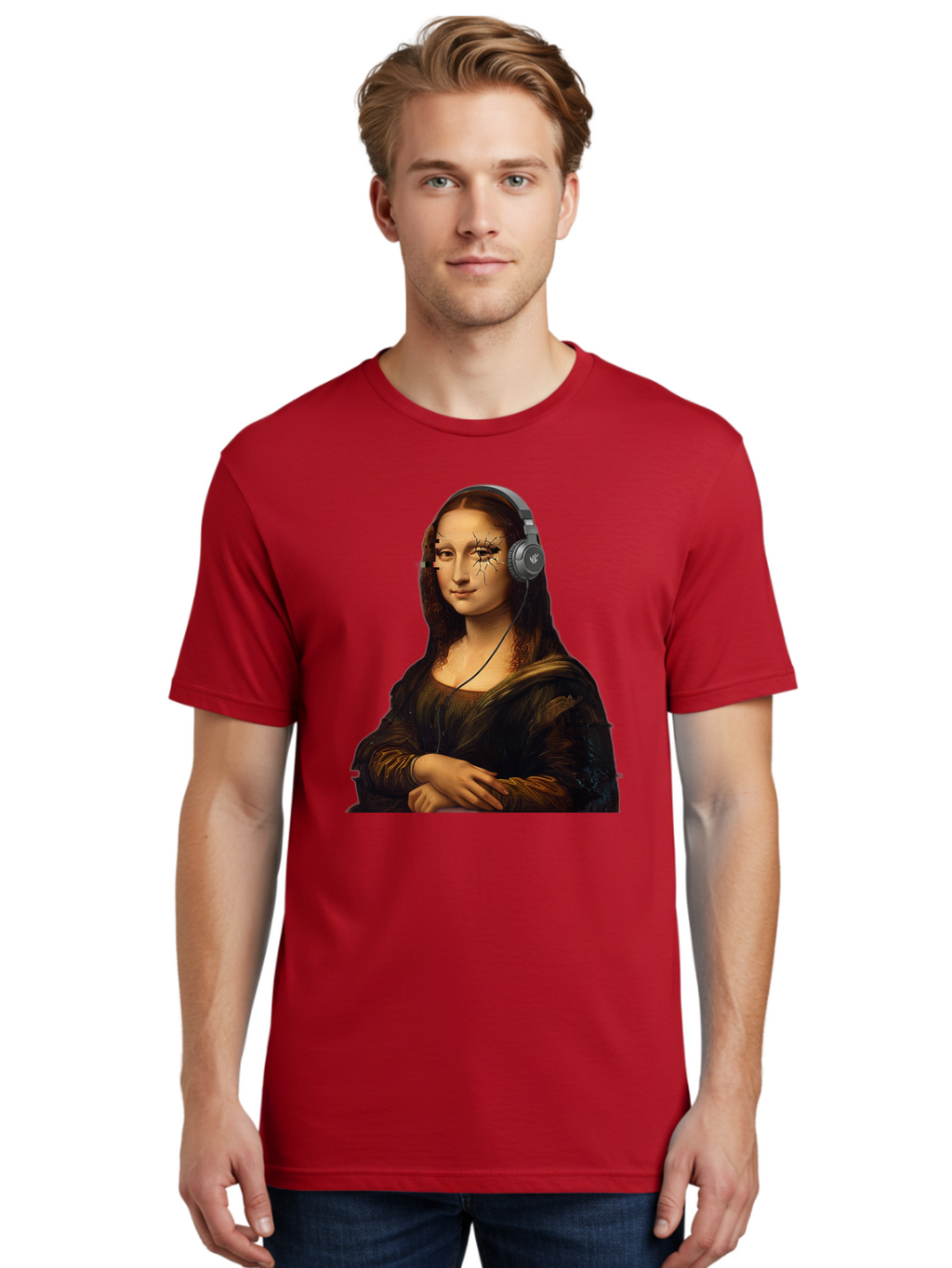 Mona-Lisa-Headphones-2 Men'S Graphic Tee, 100% Cotton, Comfortable Casual Summer Wear, Machine Washable, Vintage Camera, Old Camera, Antique Camera, Black Camera, Classic Photography, Photography Equipment, Nostalgic Device, Film Camera, Bam902