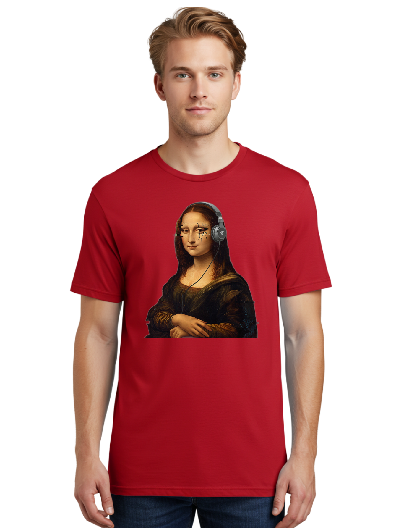 Mona-Lisa-Headphones-2 Men'S Graphic Tee, 100% Cotton, Comfortable Casual Summer Wear, Machine Washable, Vintage Camera, Old Camera, Antique Camera, Black Camera, Classic Photography, Photography Equipment, Nostalgic Device, Film Camera, Bam902