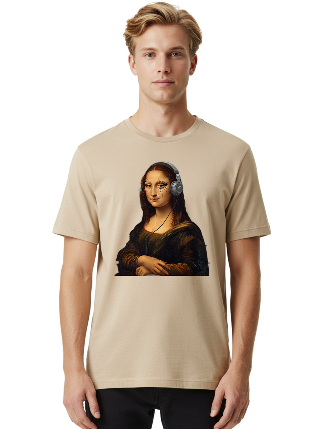 Mona-Lisa-Headphones-2 Men'S Graphic Tee, 100% Cotton, Comfortable Casual Summer Wear, Machine Washable, Vintage Camera, Old Camera, Antique Camera, Black Camera, Classic Photography, Photography Equipment, Nostalgic Device, Film Camera, Bam902