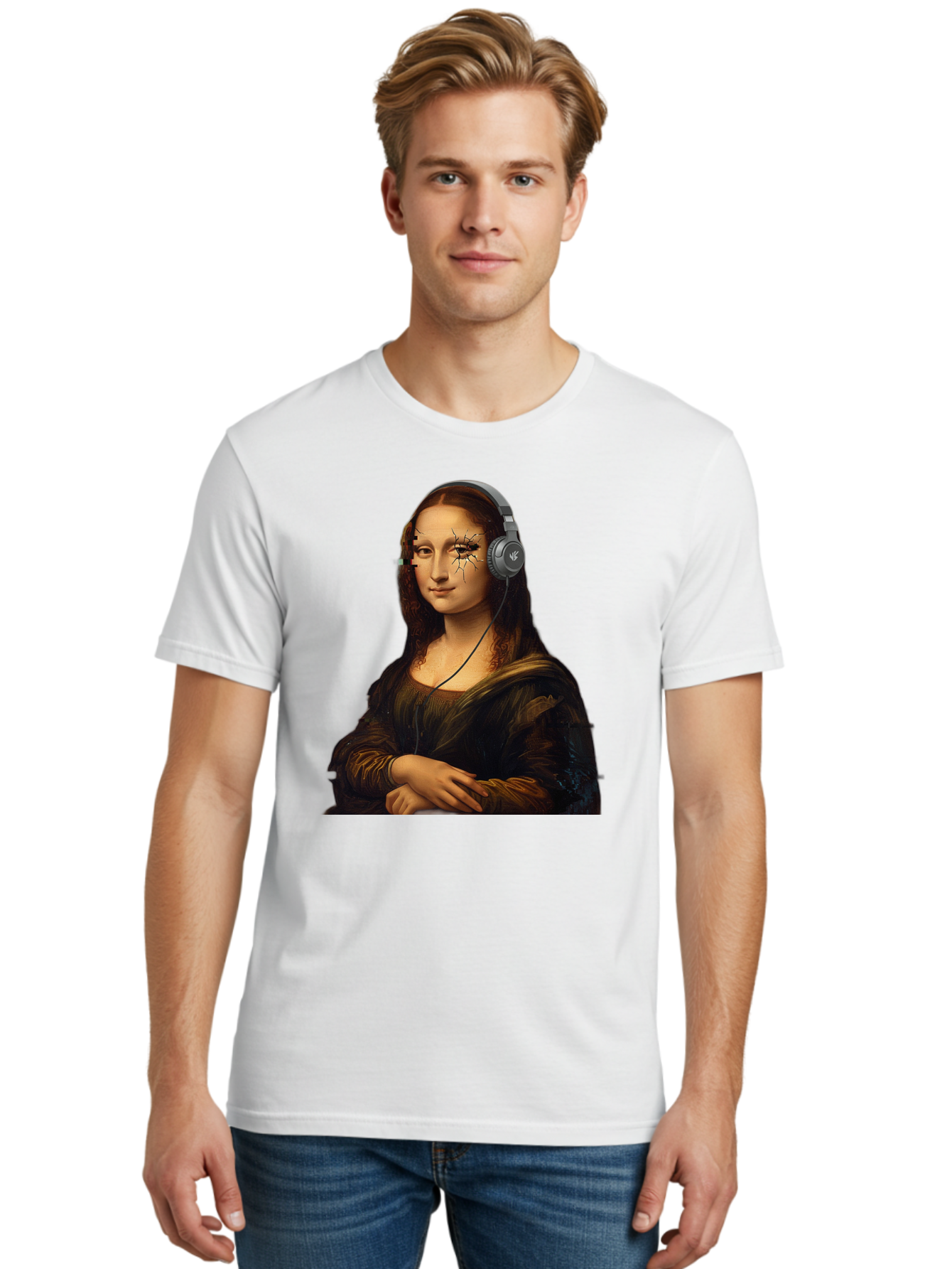Mona-Lisa-Headphones-2 Men'S Graphic Tee, 100% Cotton, Comfortable Casual Summer Wear, Machine Washable, Vintage Camera, Old Camera, Antique Camera, Black Camera, Classic Photography, Photography Equipment, Nostalgic Device, Film Camera, Bam902
