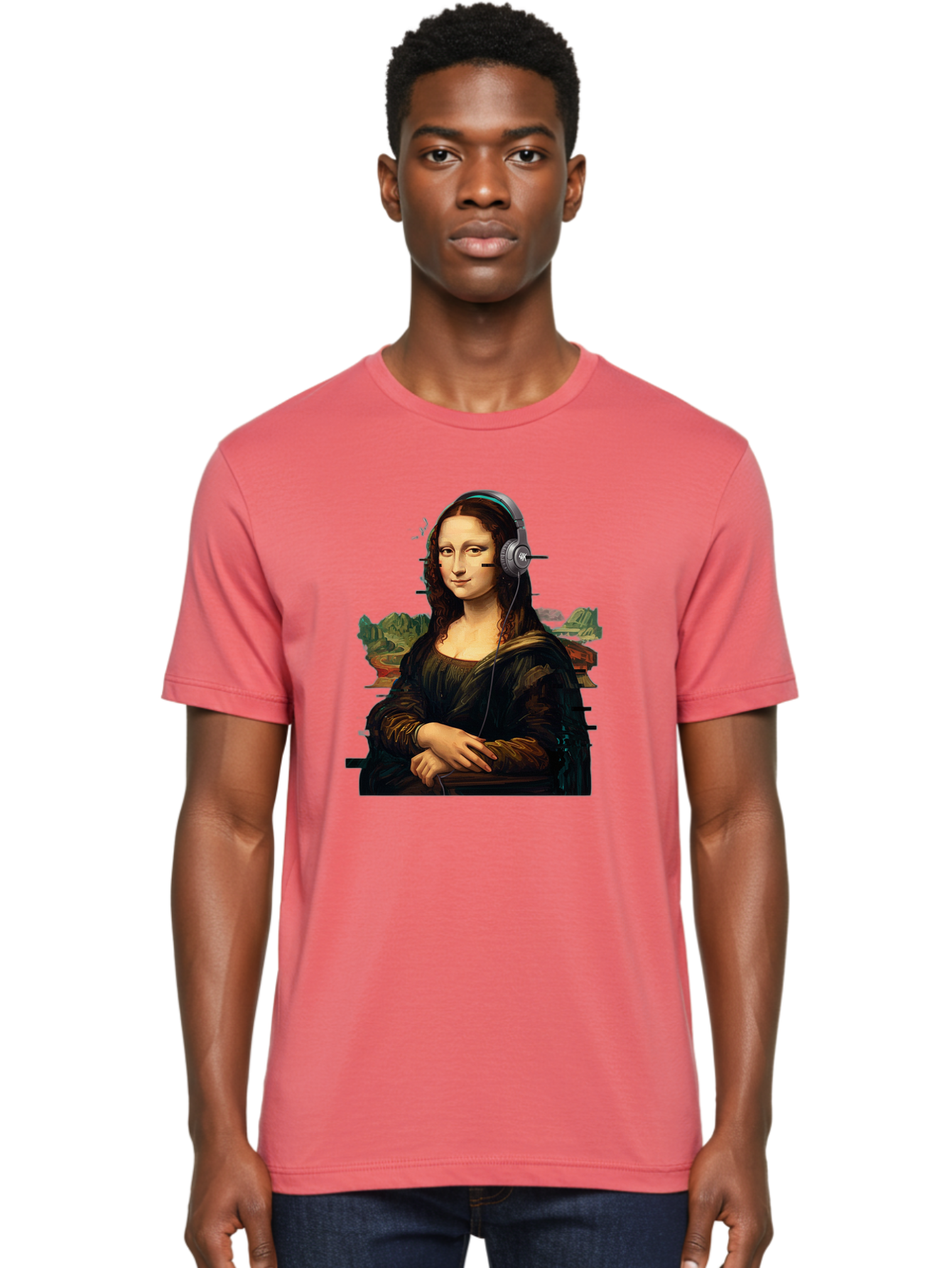 Mona-Lisa-Headphones-3 Men'S Graphic Tee, 100% Cotton, Comfortable Casual Summer Wear, Machine Washable, Vintage Camera, Old Camera, Antique Camera, Black Camera, Classic Photography, Photography Equipment, Nostalgic Device, Film Camera, Bam903